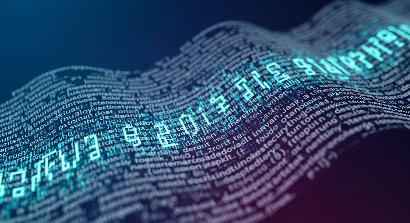 Abstract visualization of hidden messages within flowing text streams, glowing cyan symbols partially visible beneath layers of ordinary-looking text