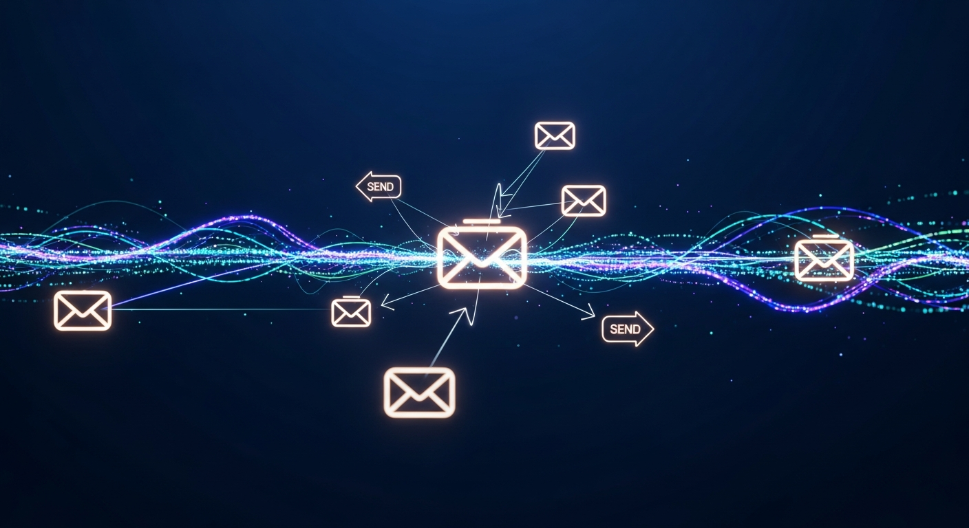 Abstract network visualization representing automated cold outreach infrastructure