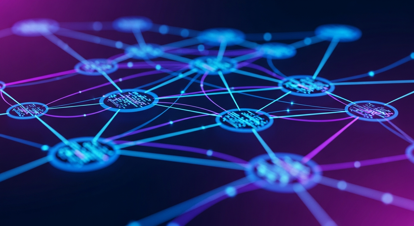 Multiple AI agents working in parallel on code, connected by flowing data streams