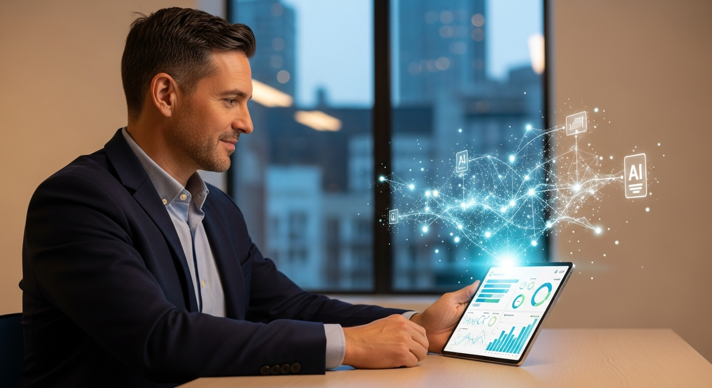 Non-technical entrepreneur using a simplified AI workflow dashboard on a tablet in a modern office
