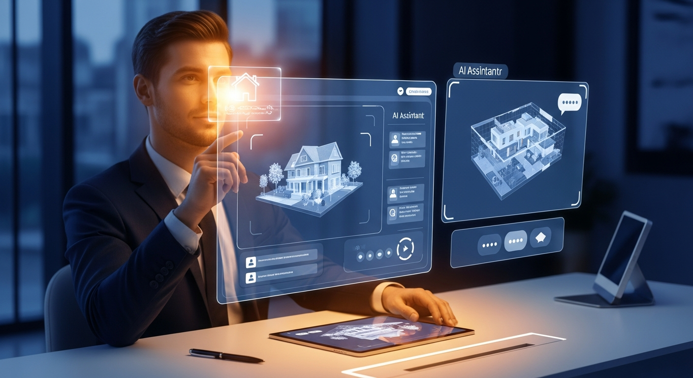 Modern real estate agent at desk with holographic AI assistant screens showing property listings and client messages
