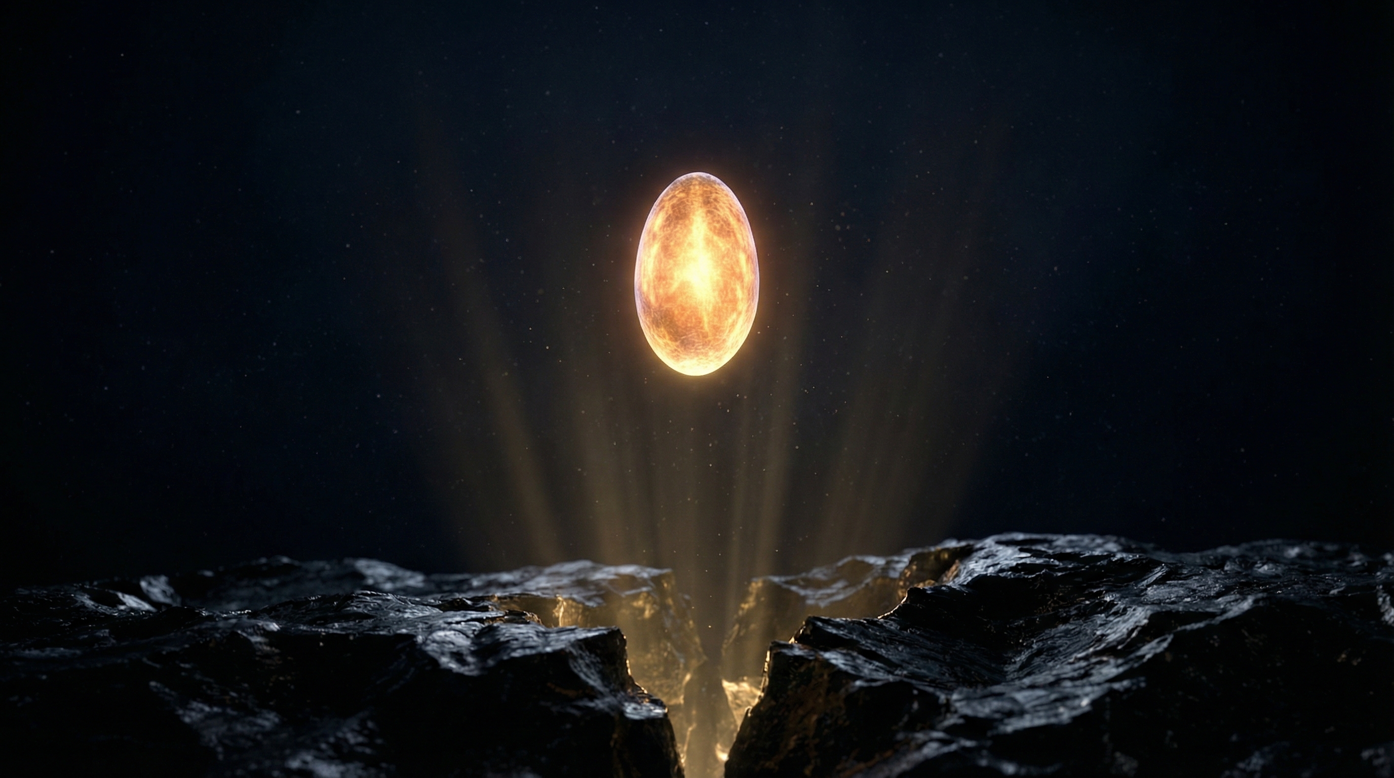 A luminous seed suspended in dark space, golden light rising through a crack in the darkness below