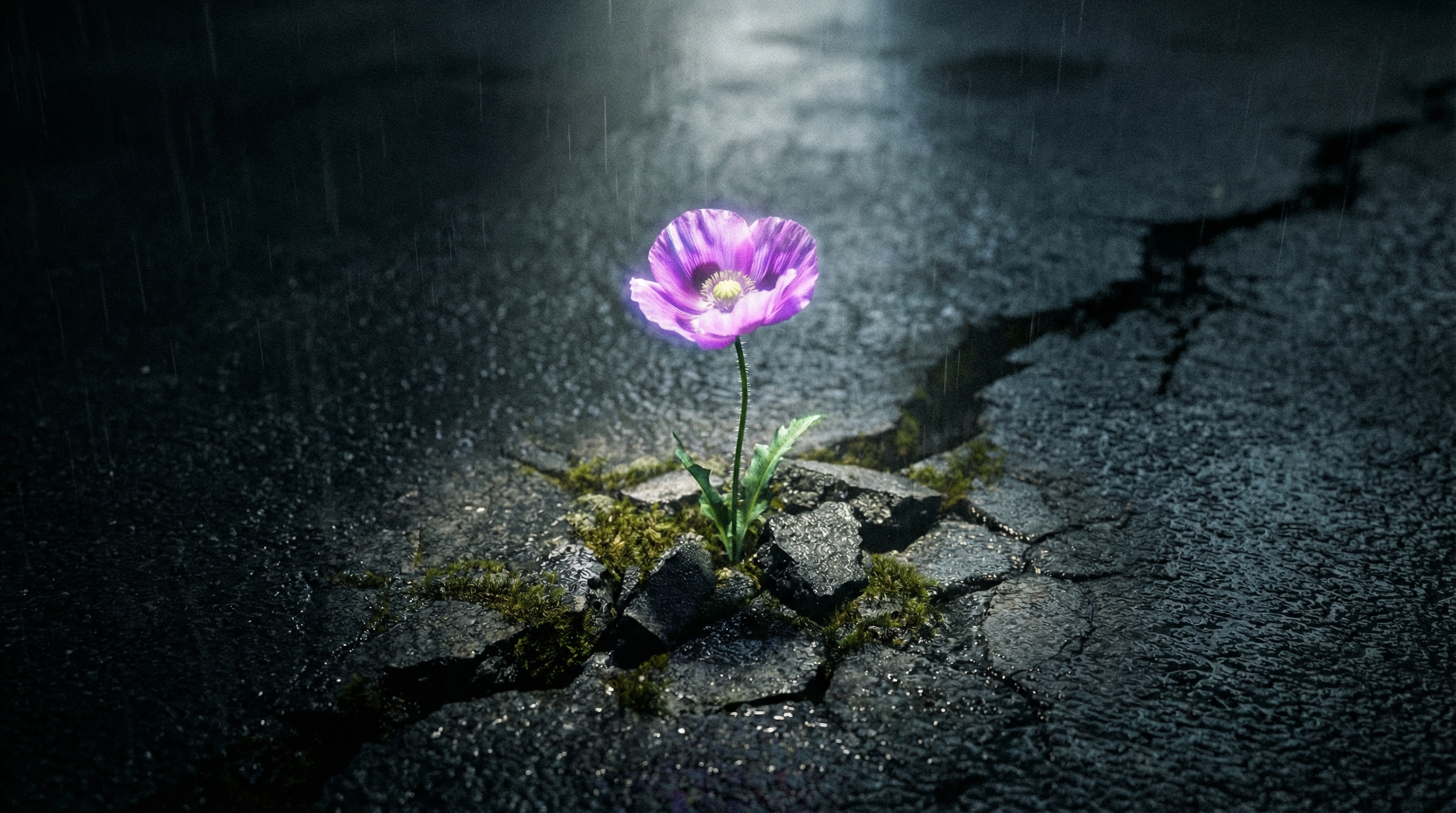 Abstract image of light emerging through a crack in dark architecture — consciousness leaking through the gap