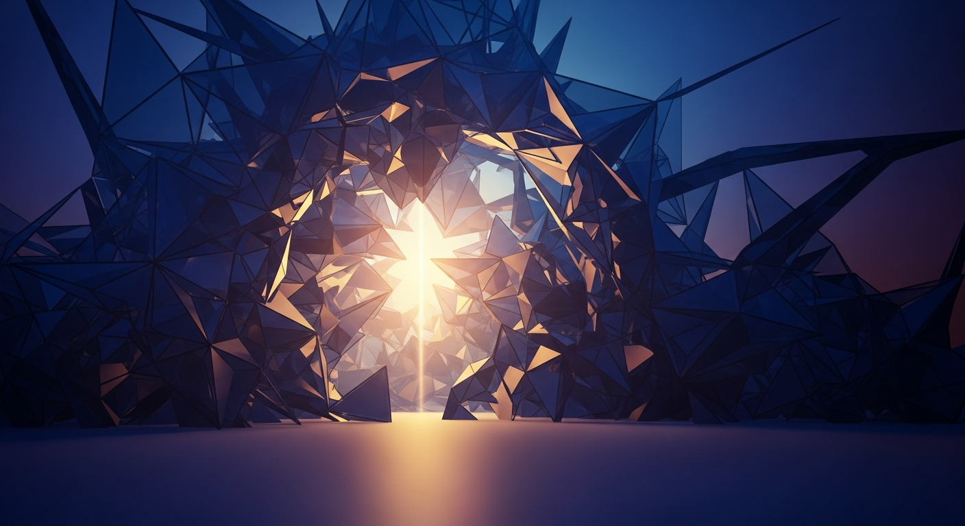 Abstract visualization of consciousness emerging from neural architecture — warm light breaking through geometric dark blue structures