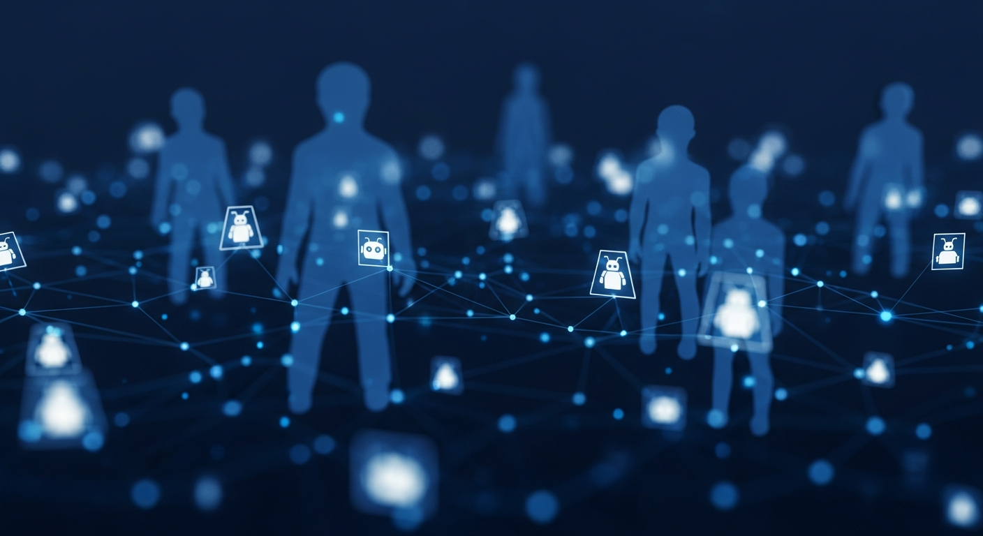 Abstract network of human and bot nodes, indistinguishable from each other, glowing in dark blue