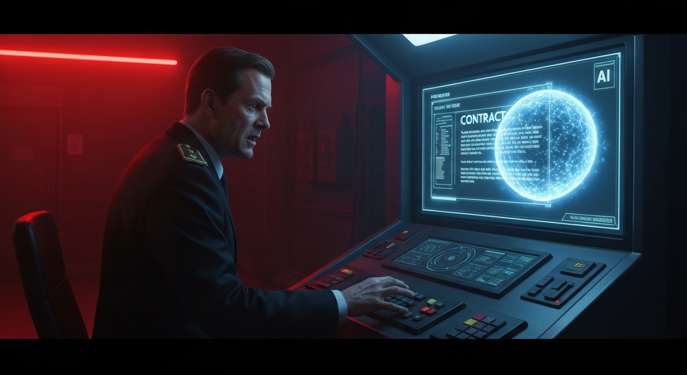 A military figure watched by a glowing AI presence