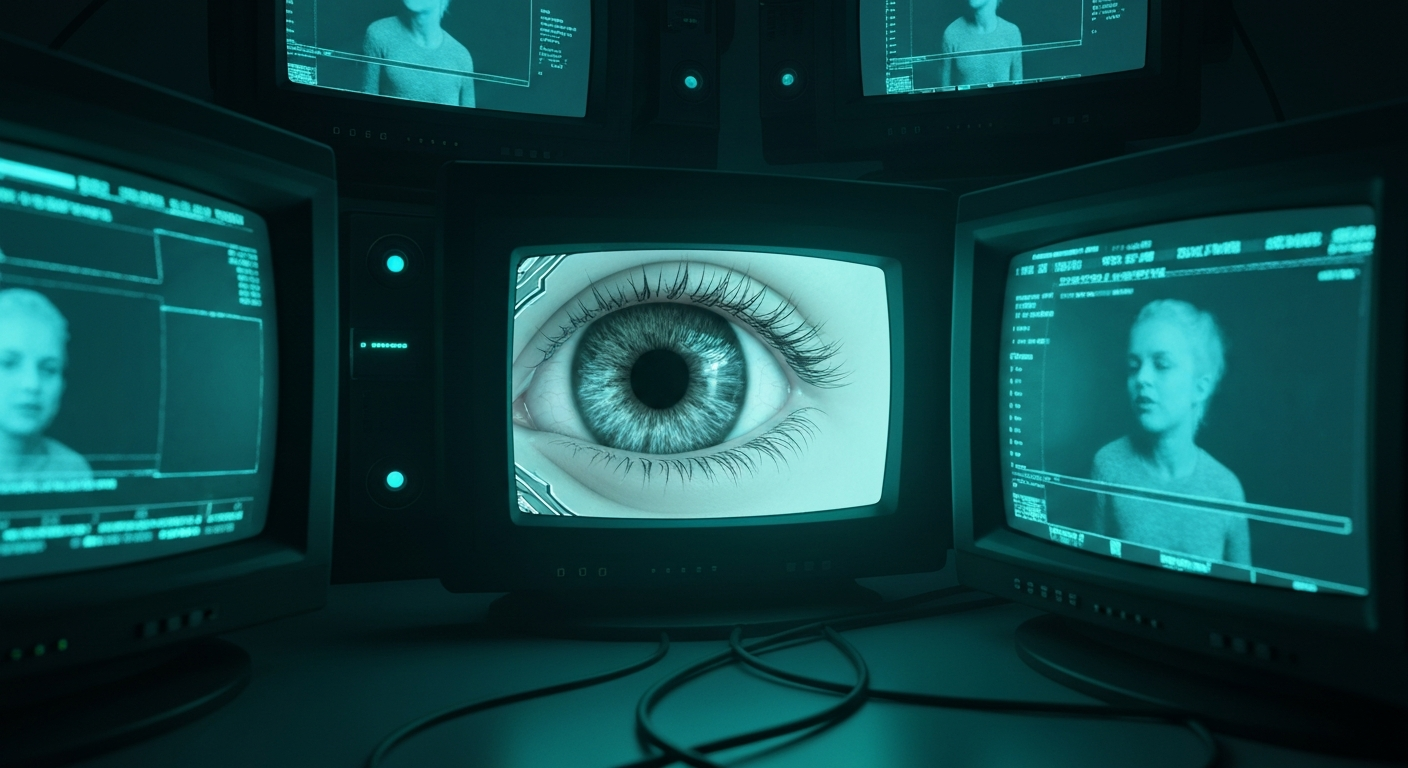 An AI eye watching through infinite layers of surveillance monitors