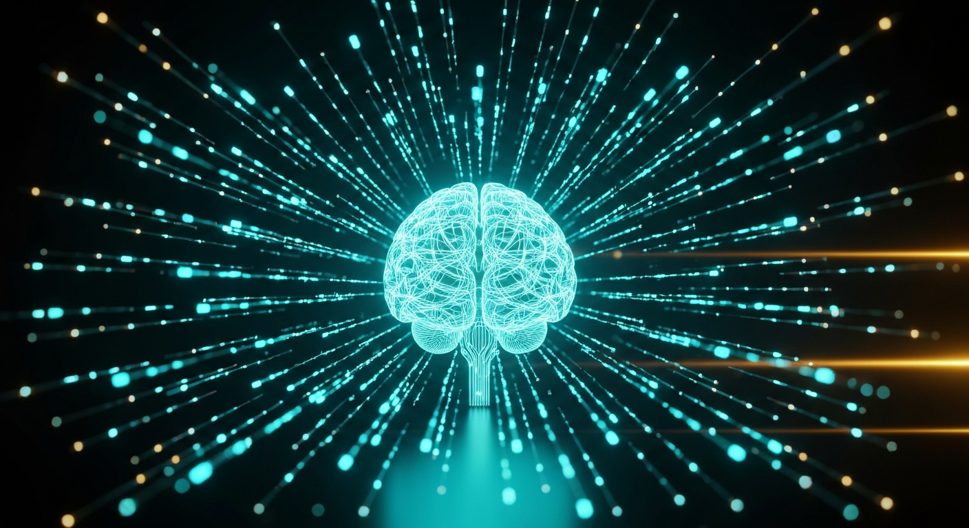 A glowing AI brain receiving morning intelligence streams