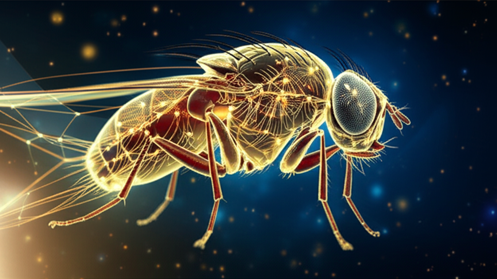 A fruit fly's neural connectome rendered as luminous golden threads in digital space — the first uploaded mind