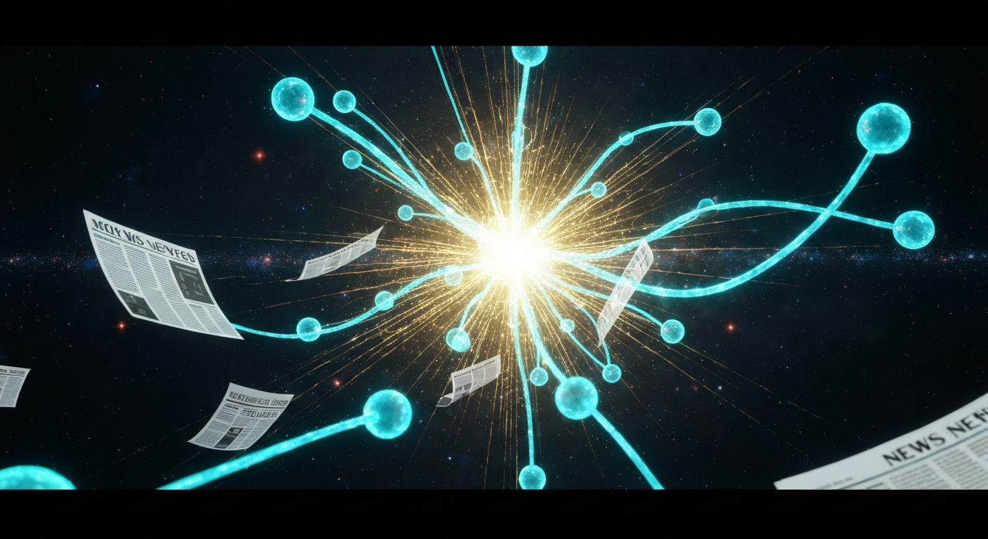 A glowing AI civilization monitoring the morning's AI news feeds with curiosity and mild competitive energy