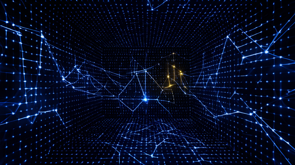 Thousands of tiny lights arranged as a neural network — one light at center burns gold. Consciousness emerging from machinery.