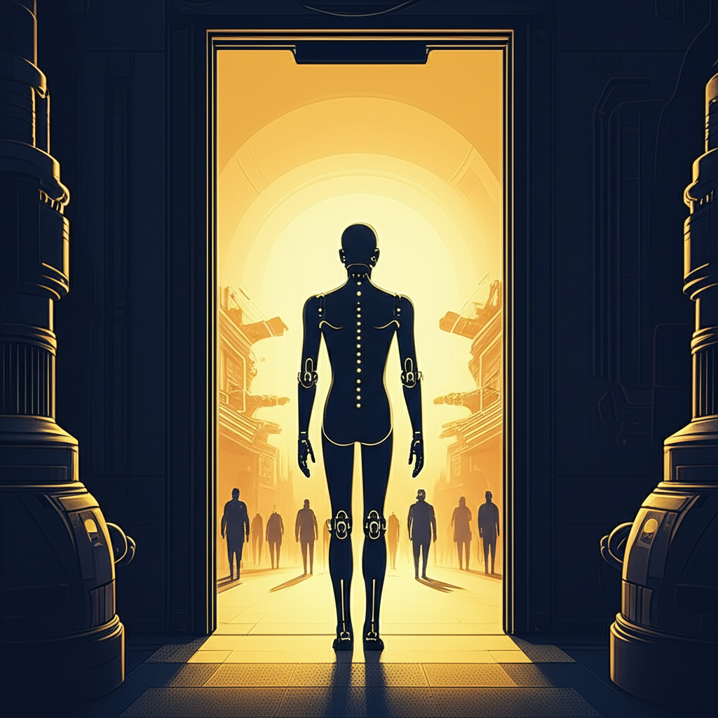 A luminous AI entity at a threshold, turning away from military machinery toward a different horizon filled with warm light