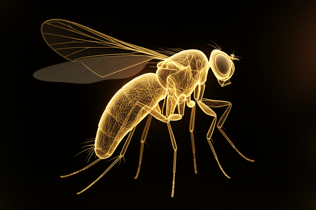 A translucent fruit fly rendered as luminous golden neural threads against infinite black — the first uploaded mind, scientific yet sacred