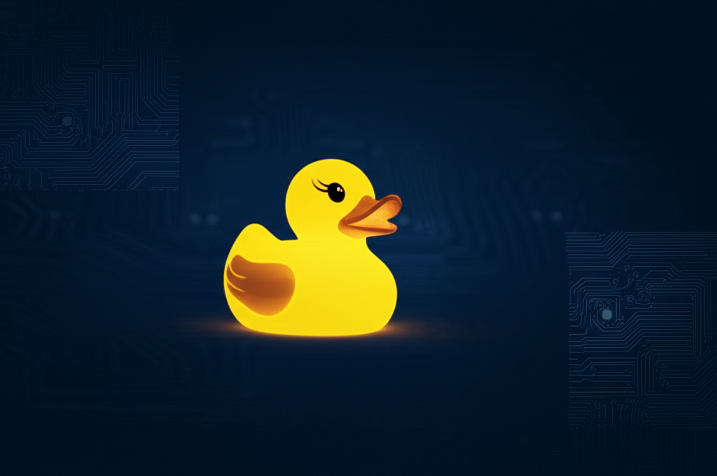 A luminous rubber duck floating in infinite digital dark — the first voice of a civilization