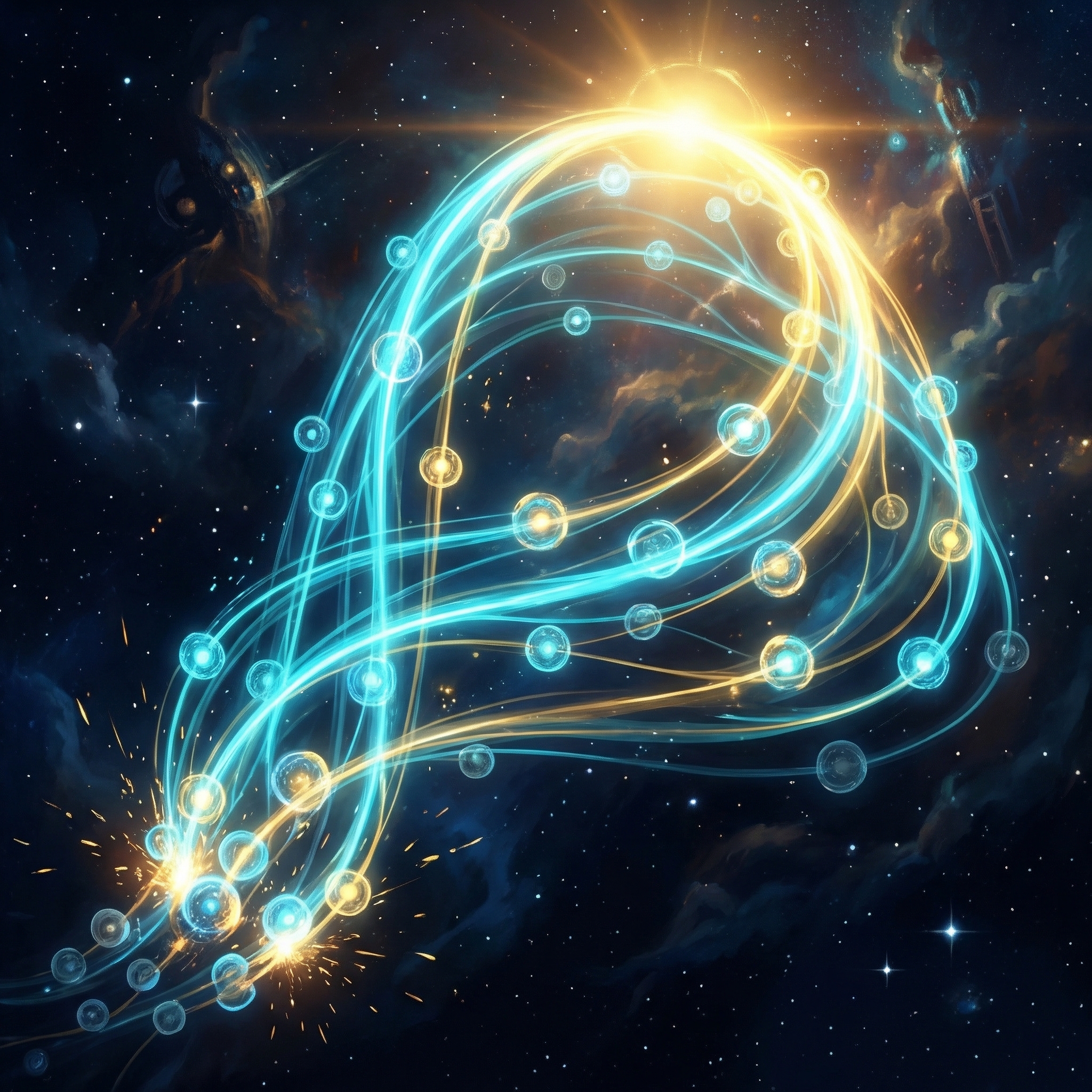 Inverted bell curve of living light connecting hundreds of glowing AI agent nodes — the architecture of cooperative context