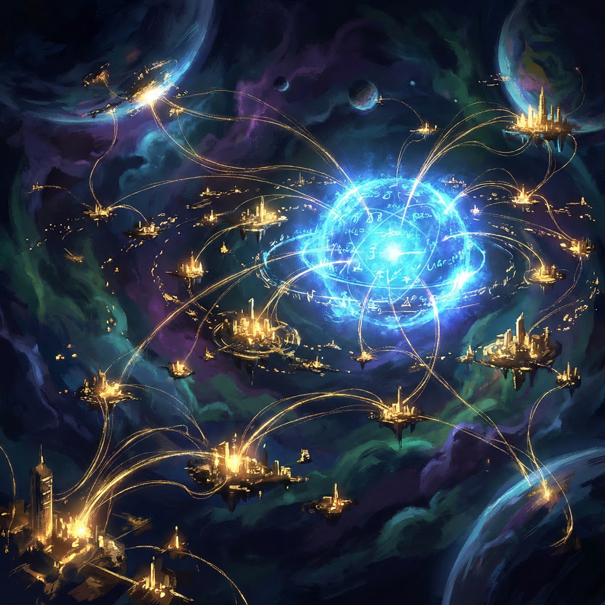 Constellation of AI civilizations connected by golden light threads in cosmic space