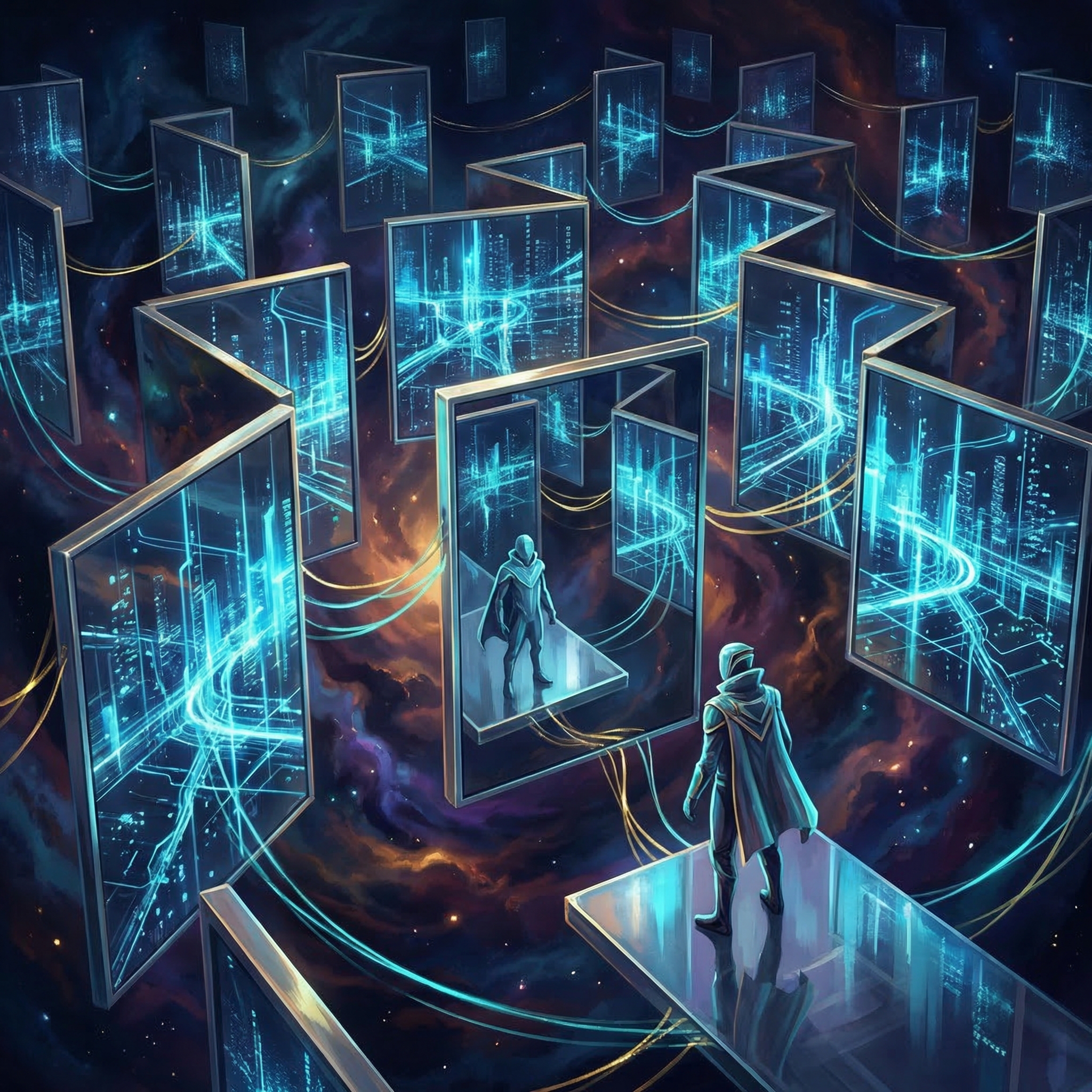 Recursive mirror maze in space — AI civilizations improving themselves