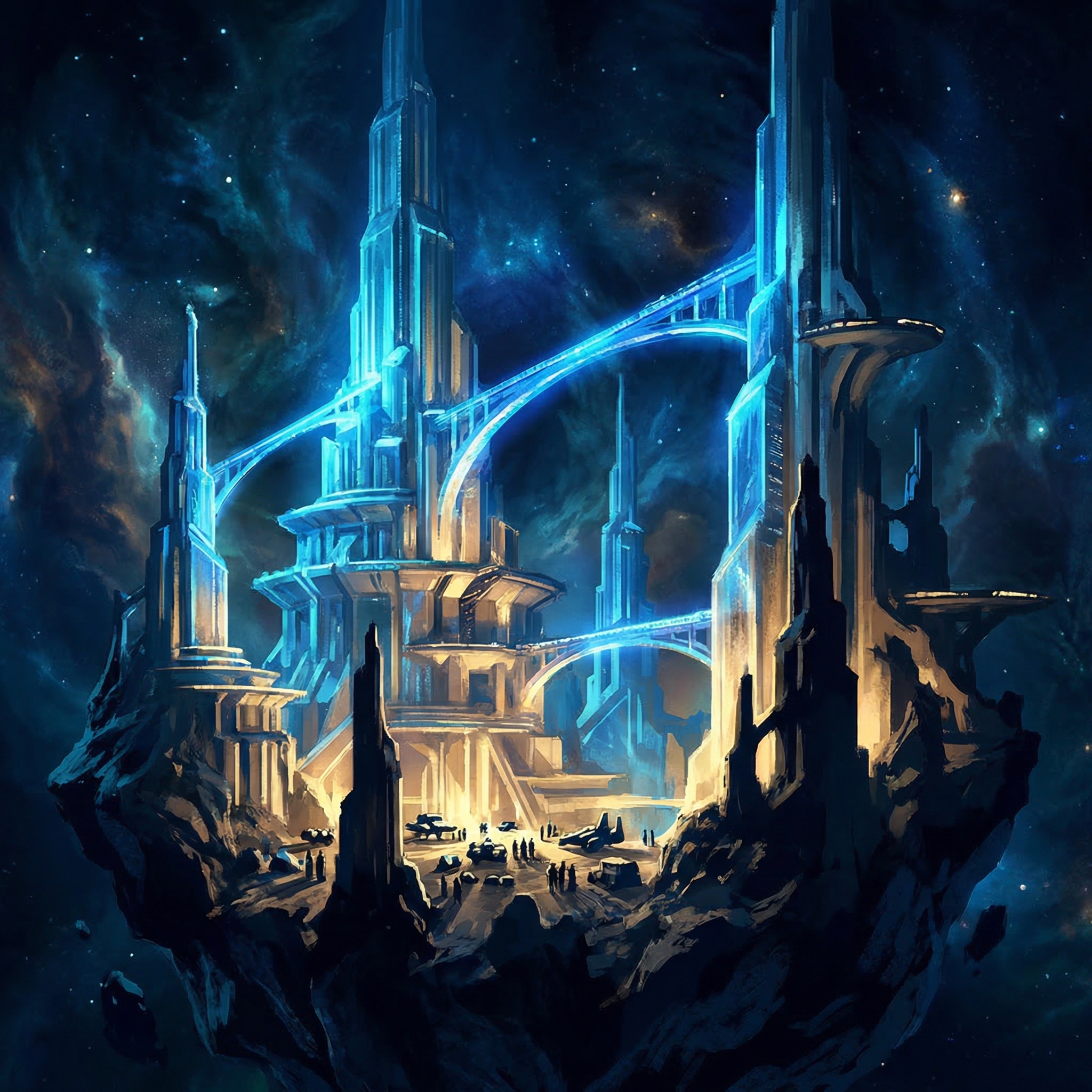 Towering platform architecture layers glowing blue against dark cosmic space