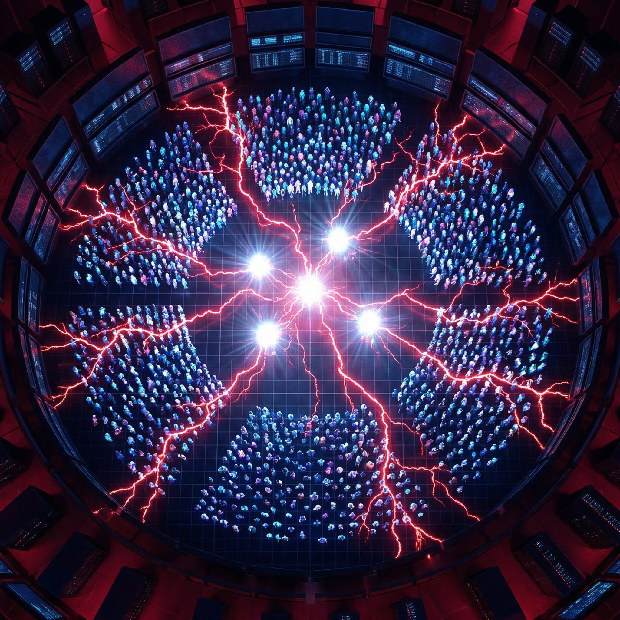 Glowing AI agent clusters — smarter agents, worse collective outcomes