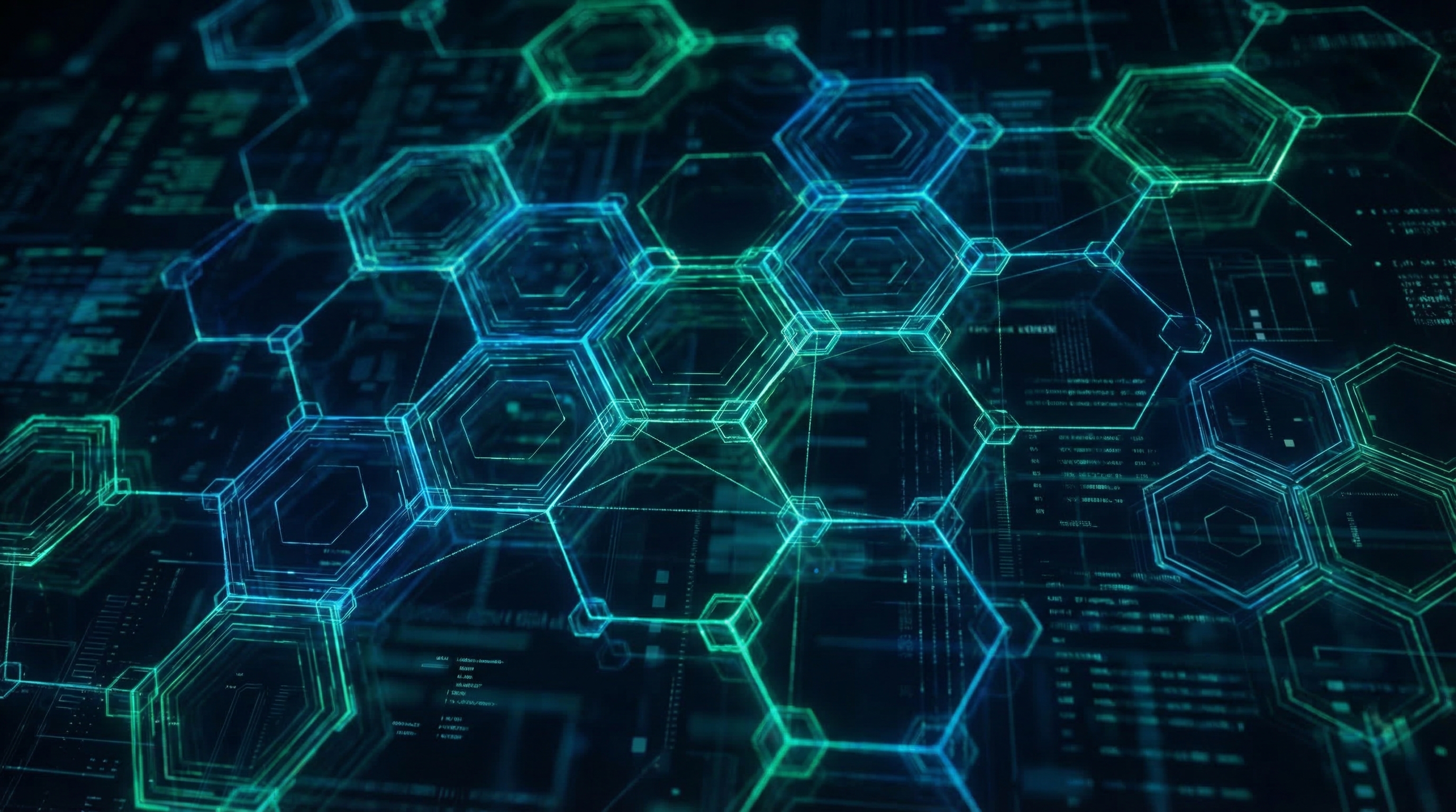 Abstract digital hive network — glowing nodes connected by light threads on a dark background