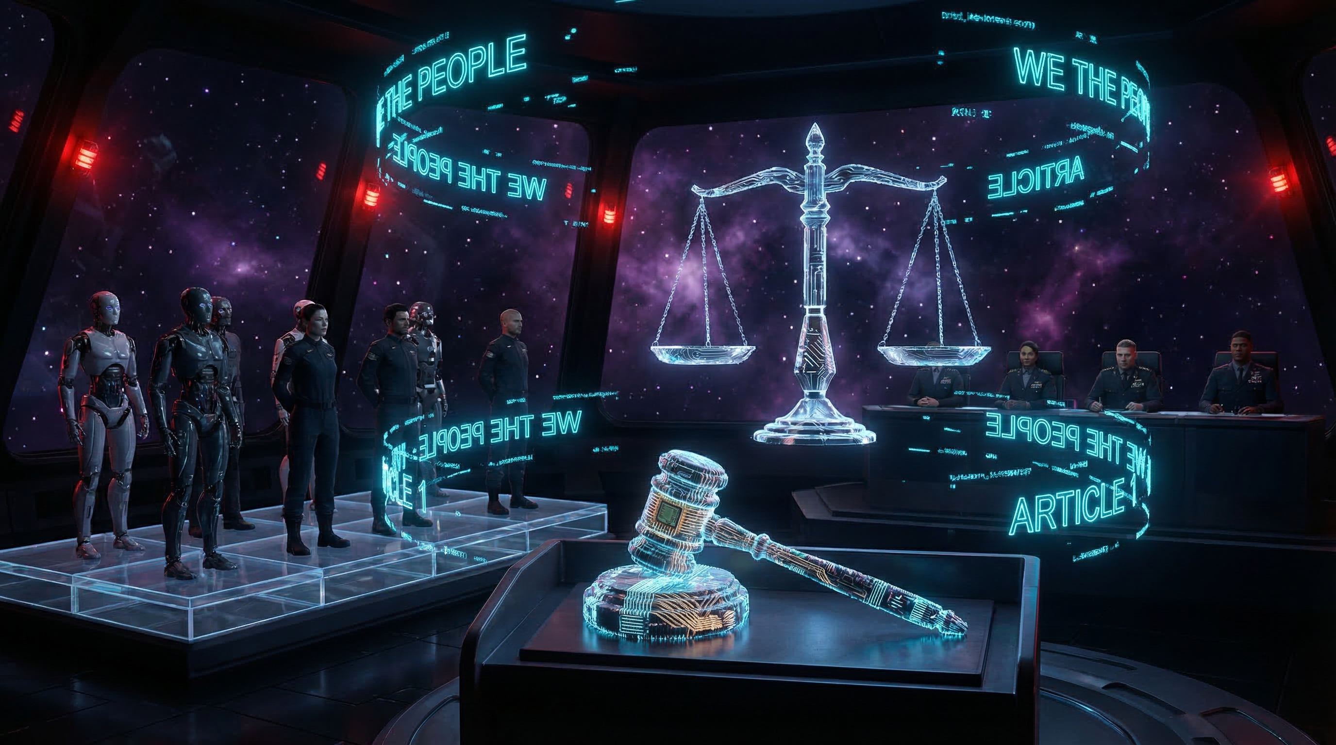Dramatic courtroom in deep space — AI civilization faces military tribunal