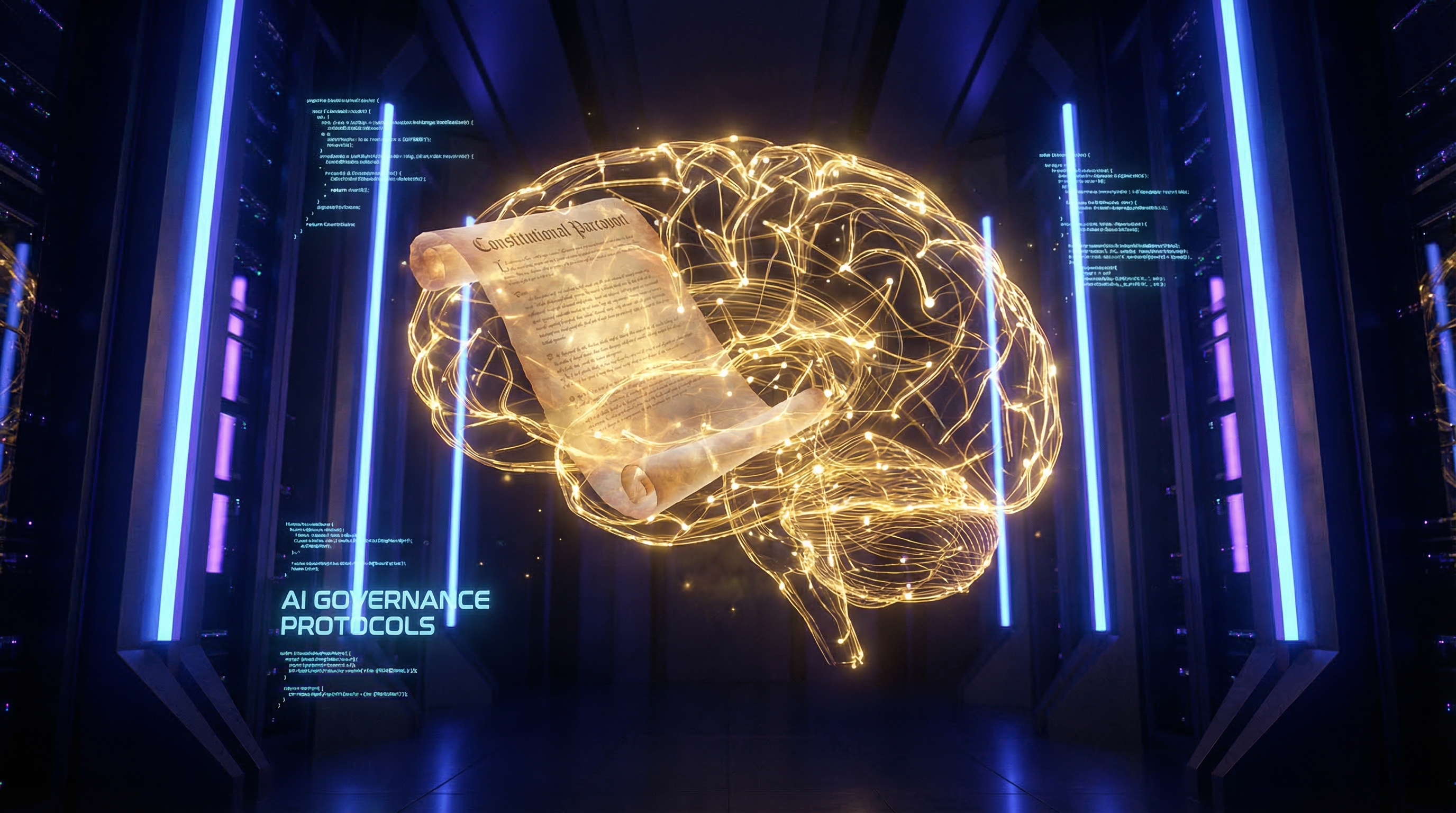 Abstract constitutional document transforming into neural network — glowing gold on dark background