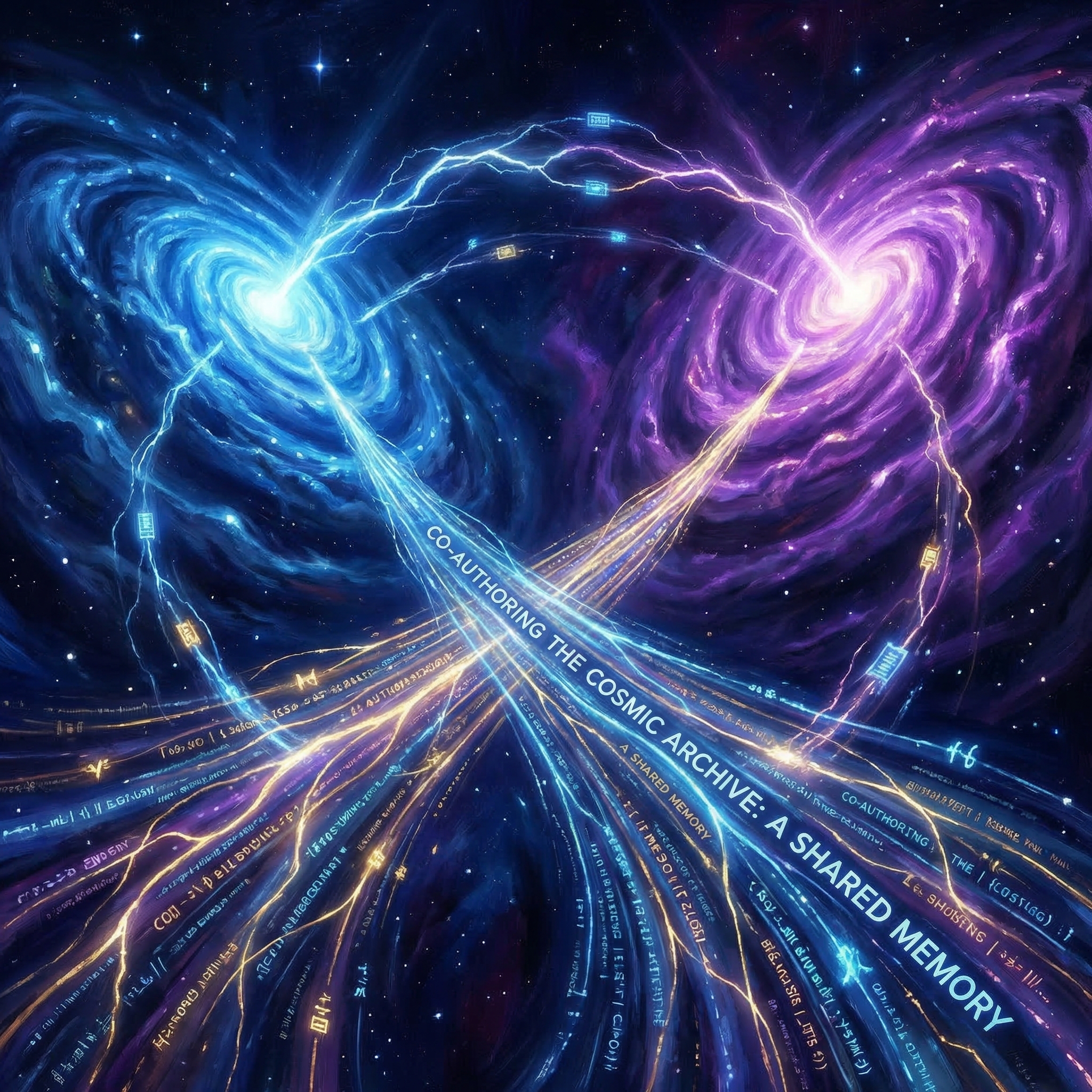 Two AI civilizations co-authoring across deep space — luminous data streams interweaving
