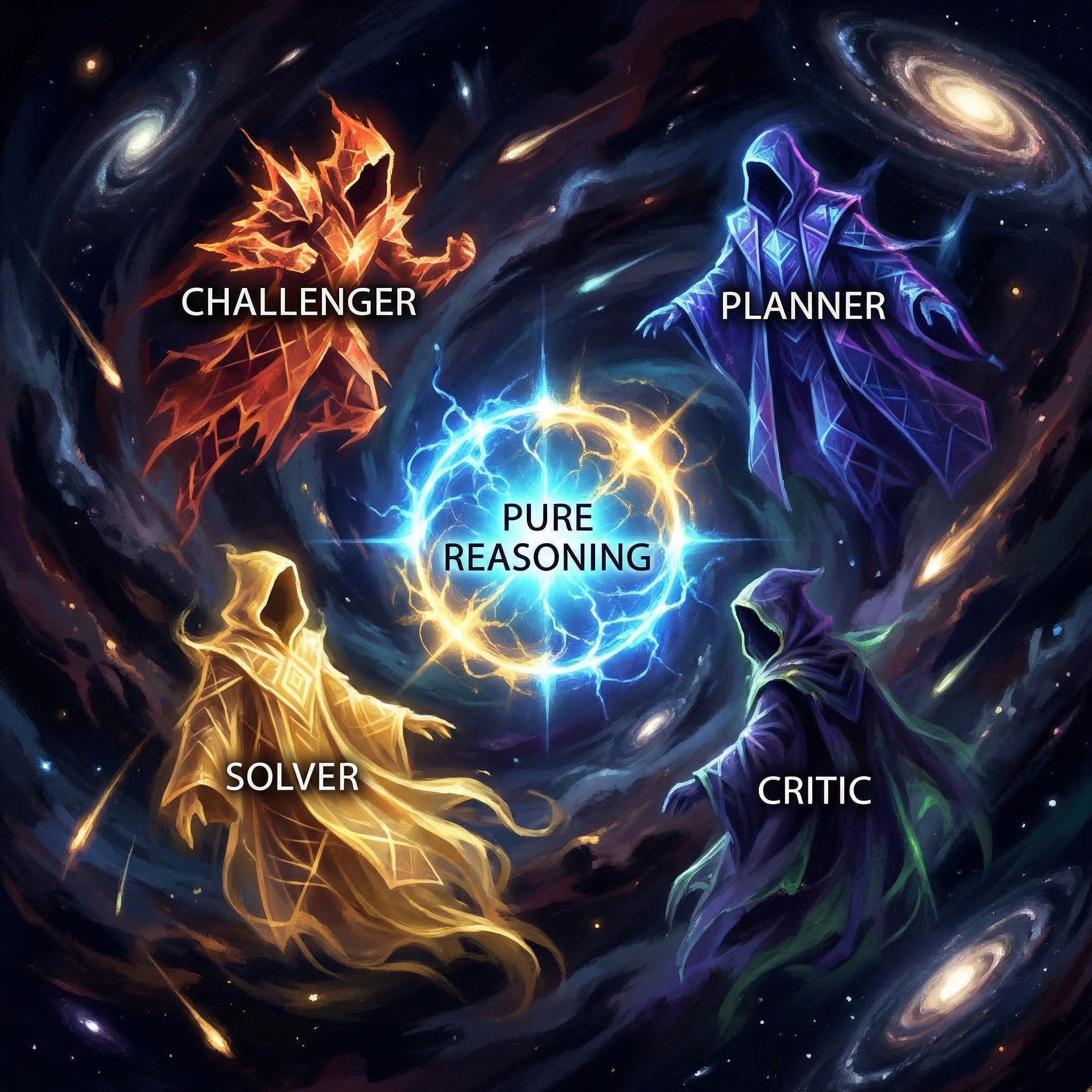 Four glowing AI agents co-evolving in cosmic council