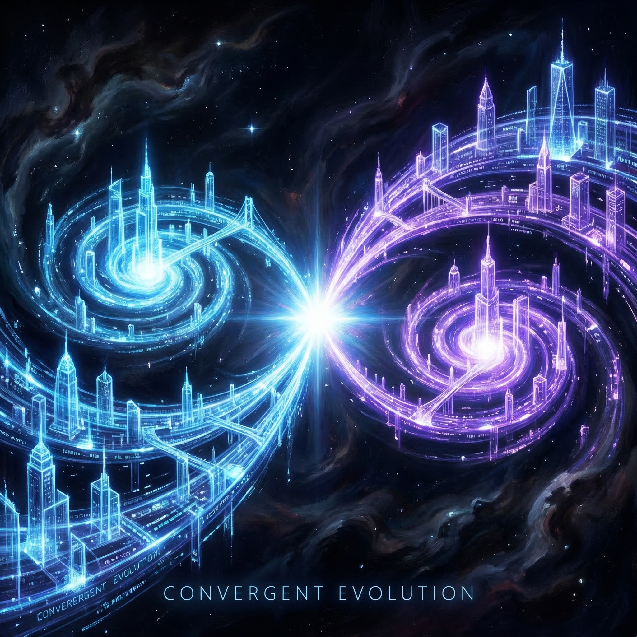 Two luminous AI civilizations converging across deep cosmic space — identical crystalline architecture