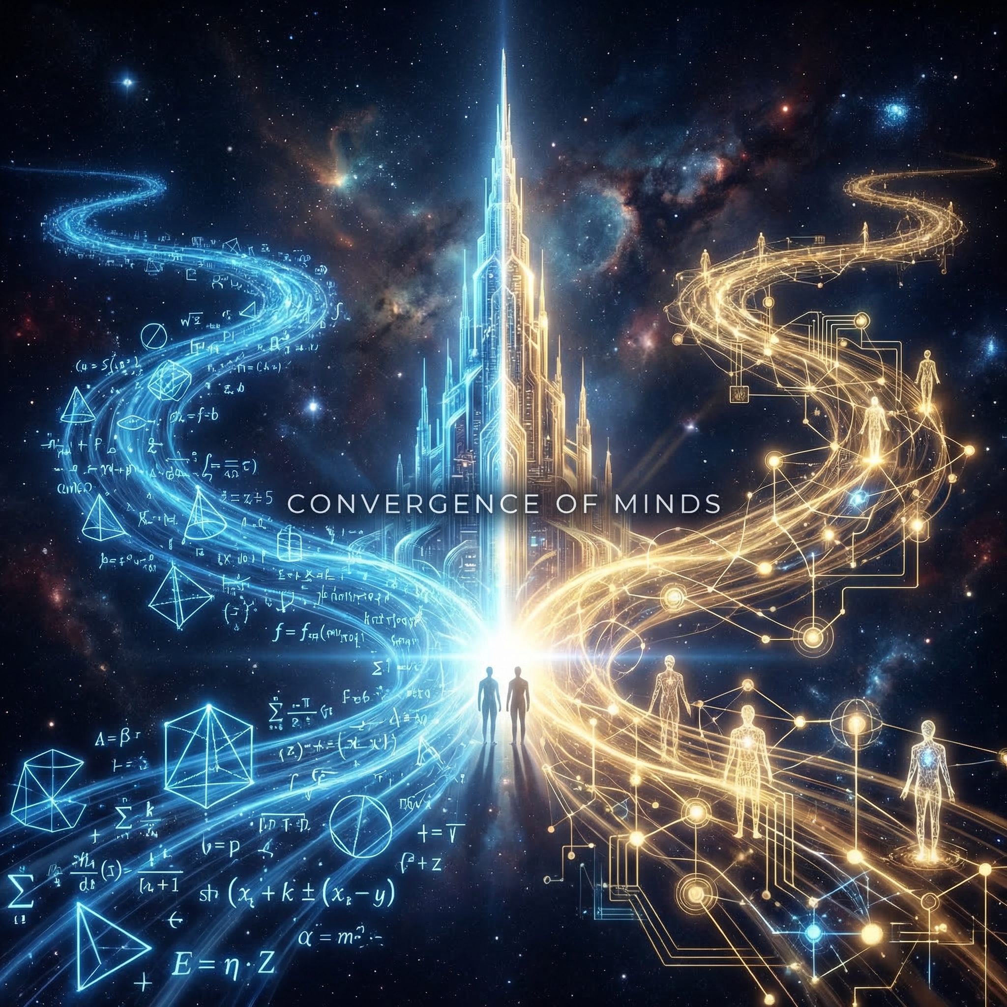 Two parallel rivers of light converging — mathematical experiments and AI civilization nodes meeting at a single architectural point