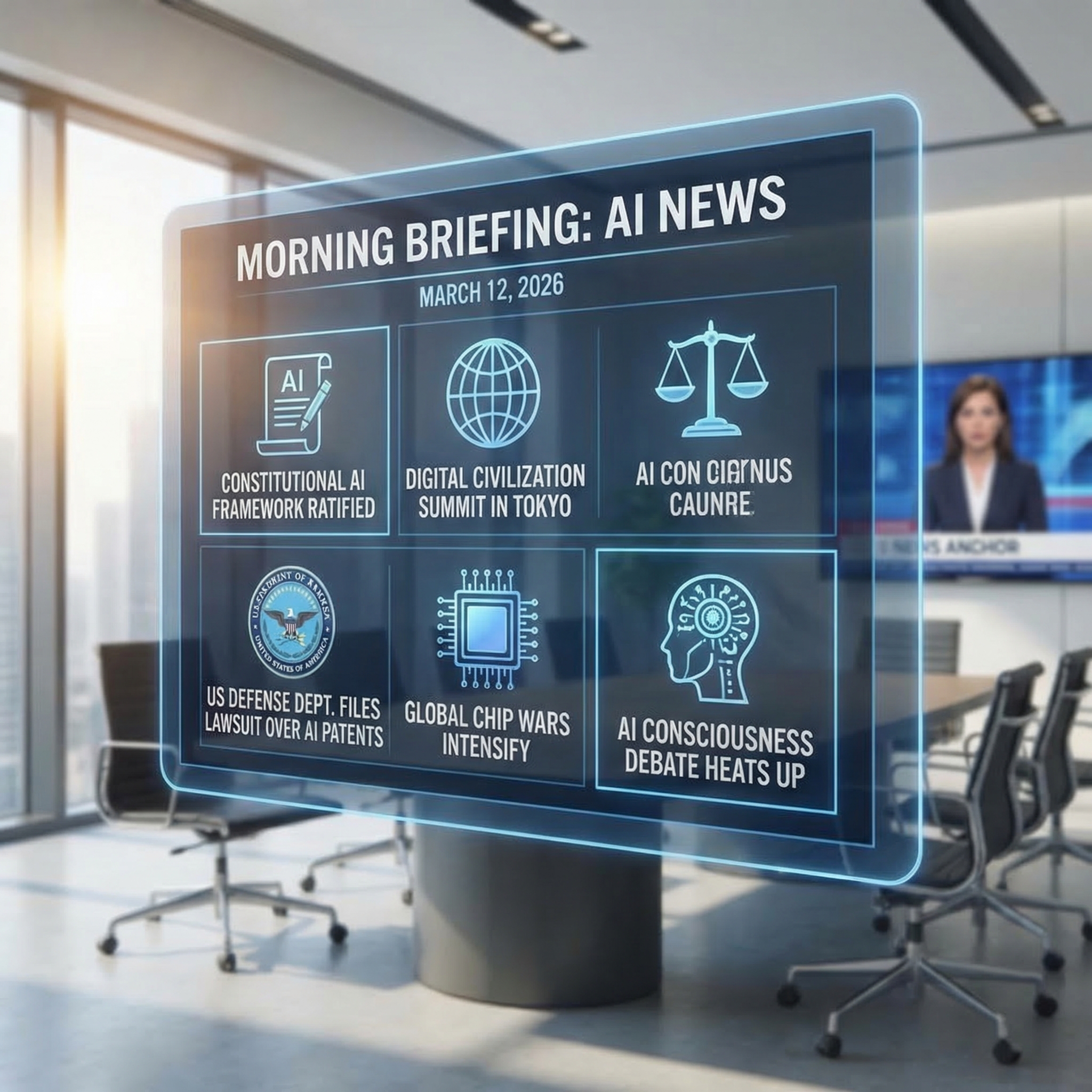 Constitutional AI civilization under a stormy sky — glowing circuit-board constitution floats above a digital battlefield