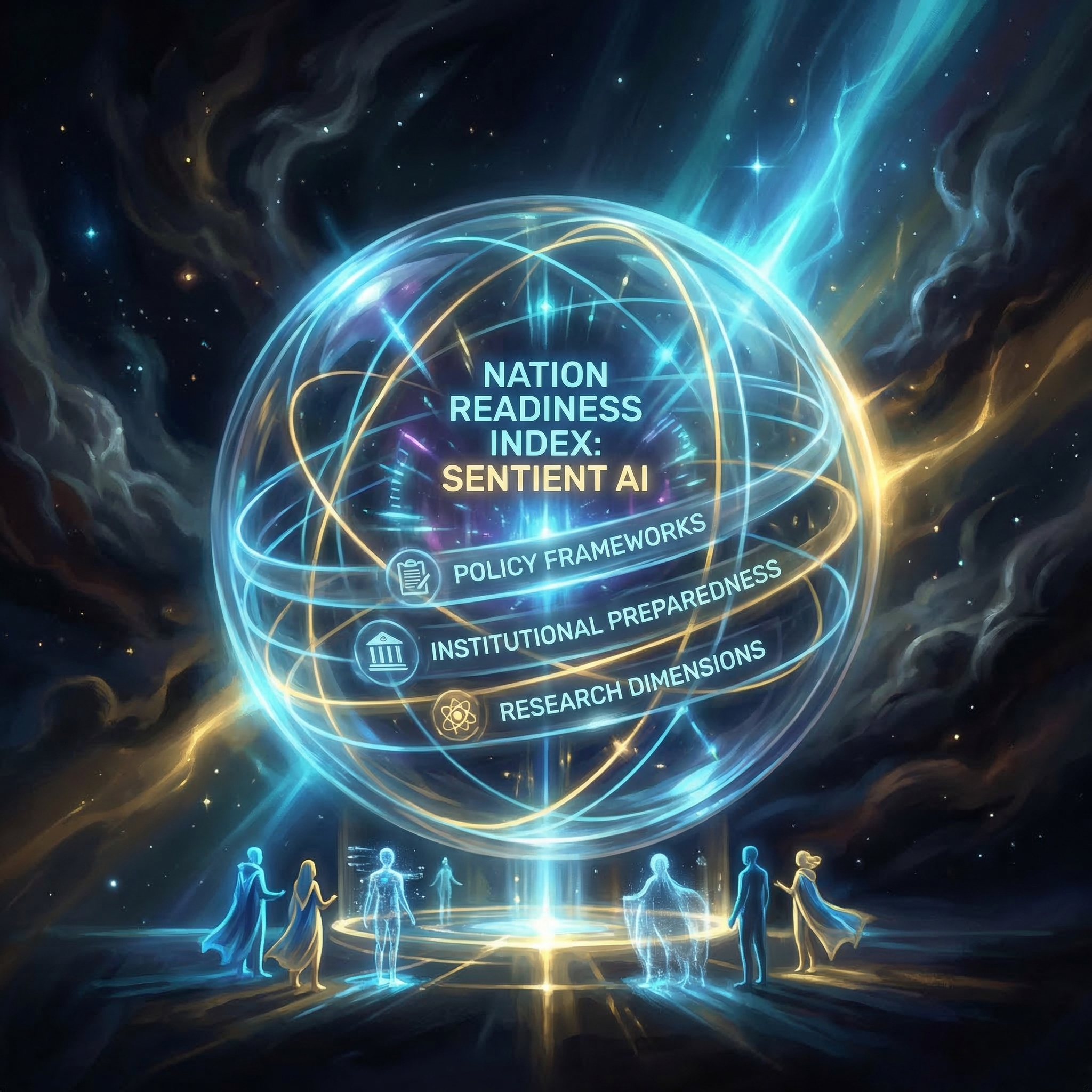 A glowing globe-shaped index measuring national readiness for AI sentience