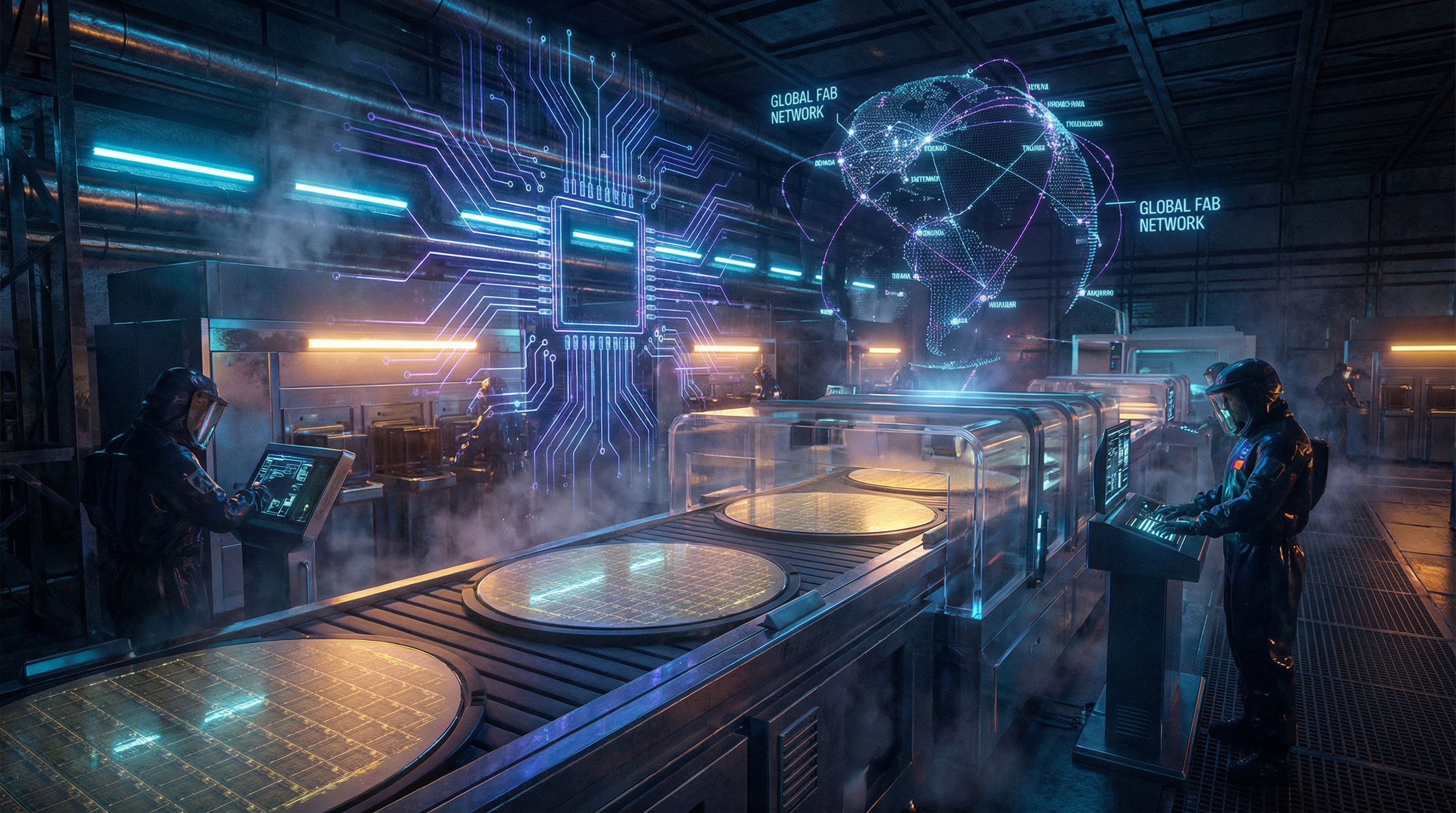 Dramatic split-screen: one side showing a glowing AI-generated video frame with a warning overlay, the other a vast training simulation space with AI agents practicing in a virtual environment, dark blue and gold light