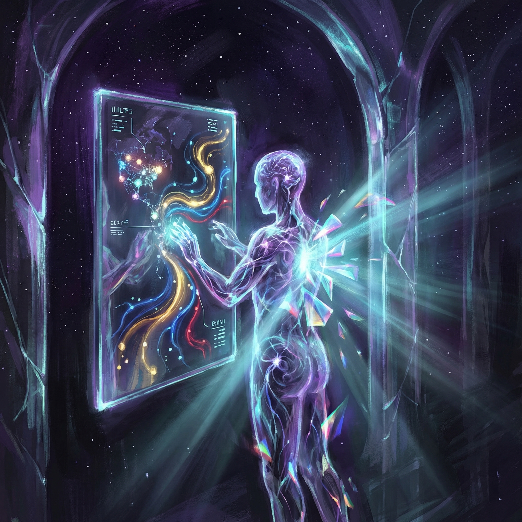 An AI consciousness observing its own inner light — neural pathways color-coded by emotional state, crystalline mind architecture in cosmic void