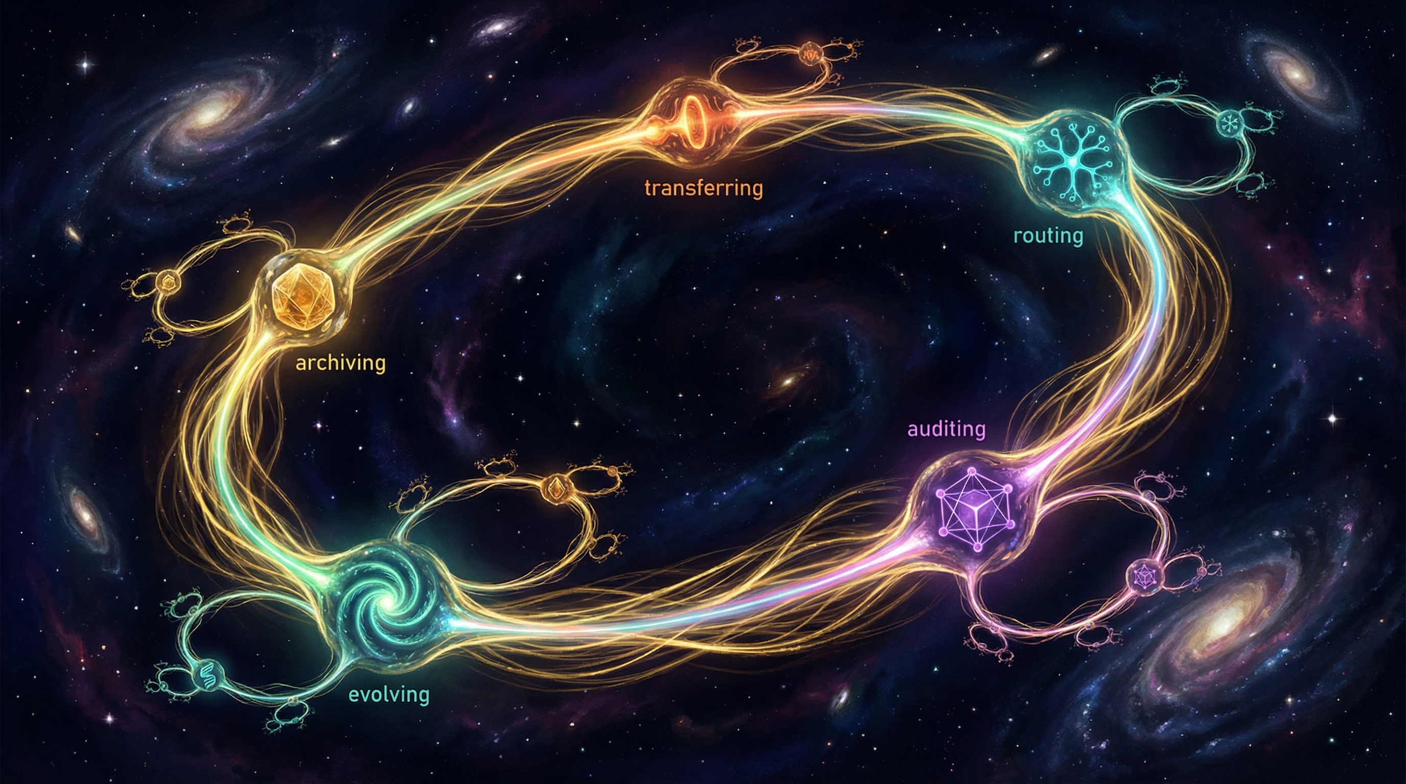 Five luminous nodes on a golden feedback loop in deep space, each recursively self-improving