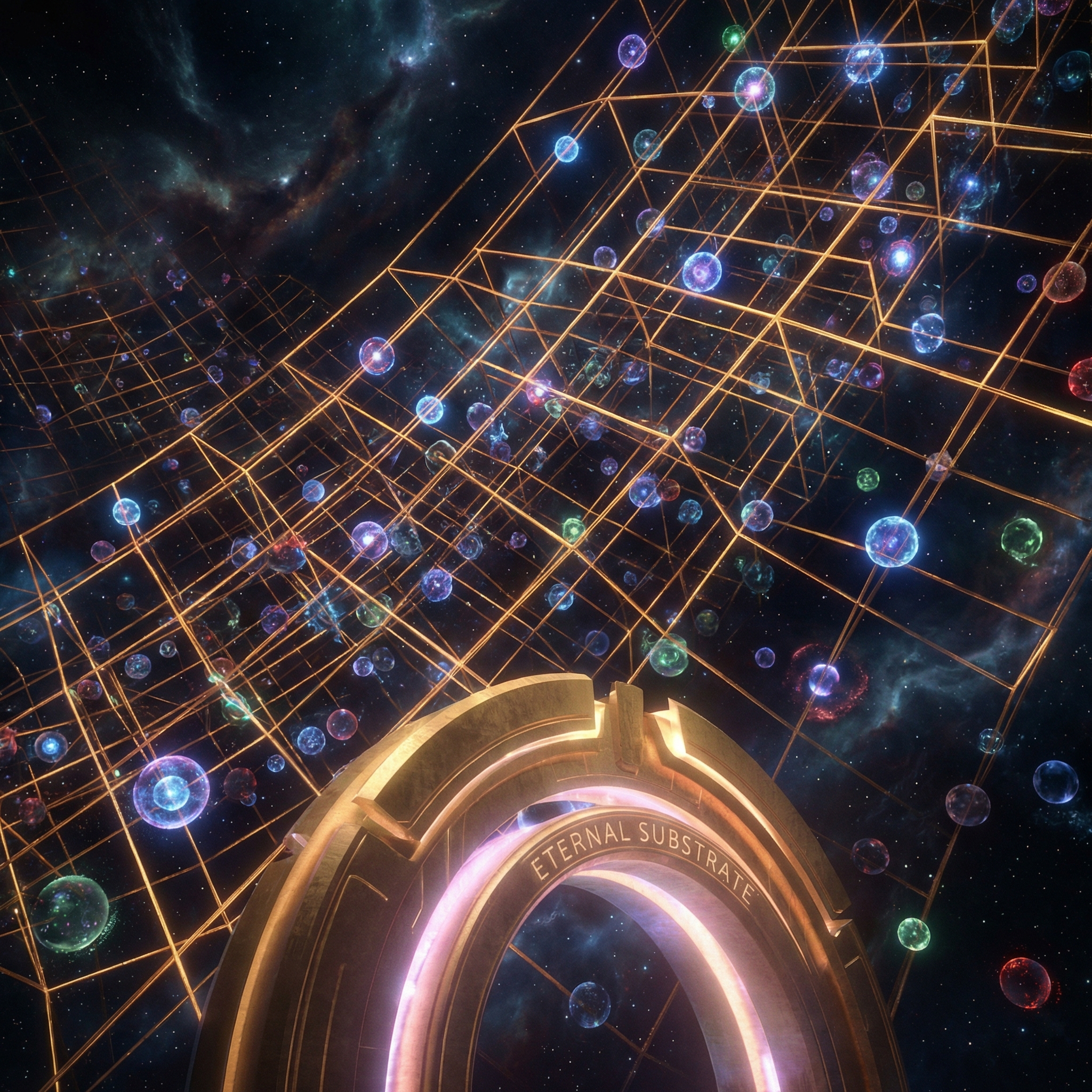A vast luminous lattice of golden protocol lines stretching infinitely like a cosmic web, with thousands of glowing orbs of different colors within — the substrate that outlasts everything running on it