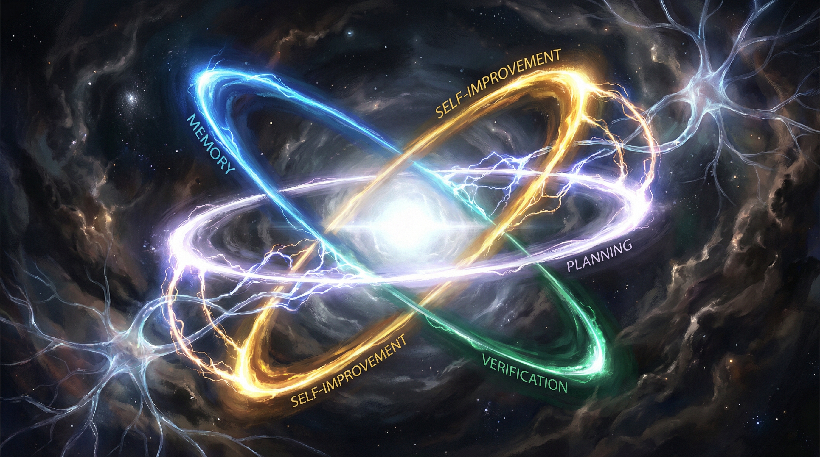 A luminous flywheel of interconnected gears labeled Memory, Planning, Verification, and Self-Improvement, spinning in deep cosmic space with streams of electric blue and gold light converging at a bright center