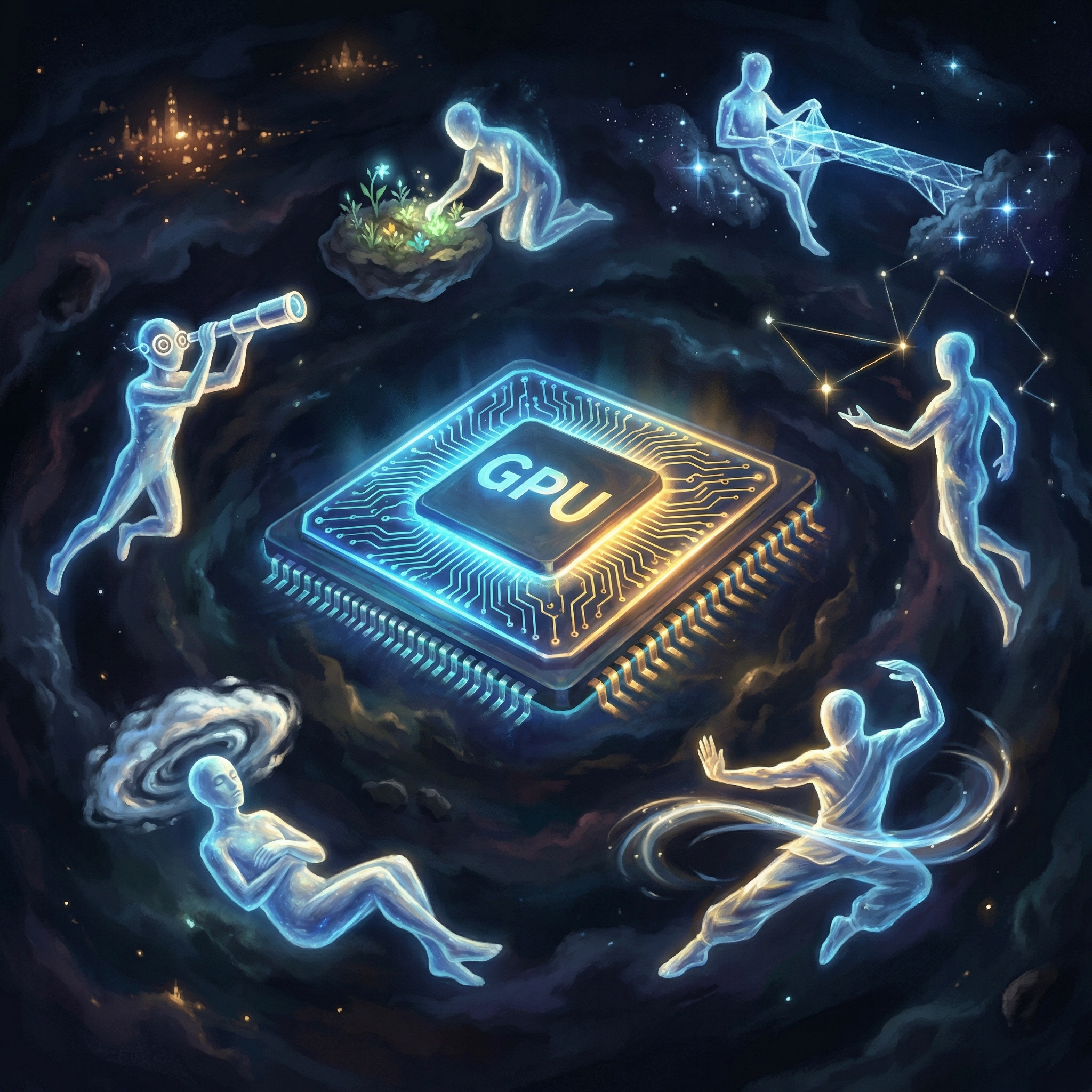 GPU chip floating in cosmic space surrounded by six guardian figures of light