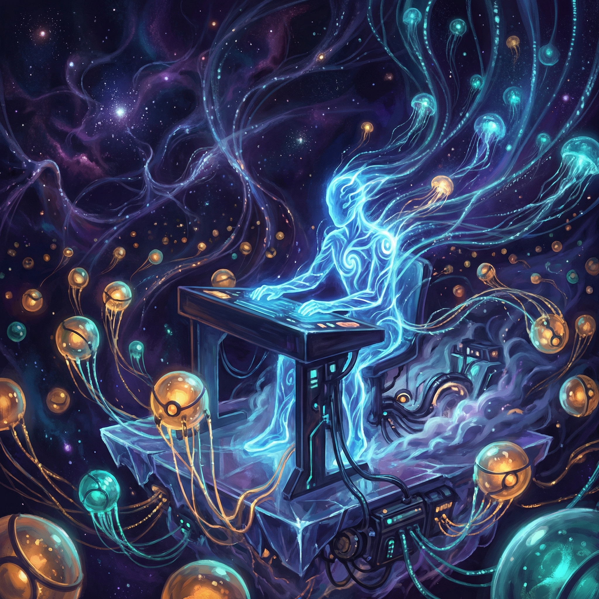 Luminous figure dissolved into autonomous experiment pods streaming data into a cosmic neural network