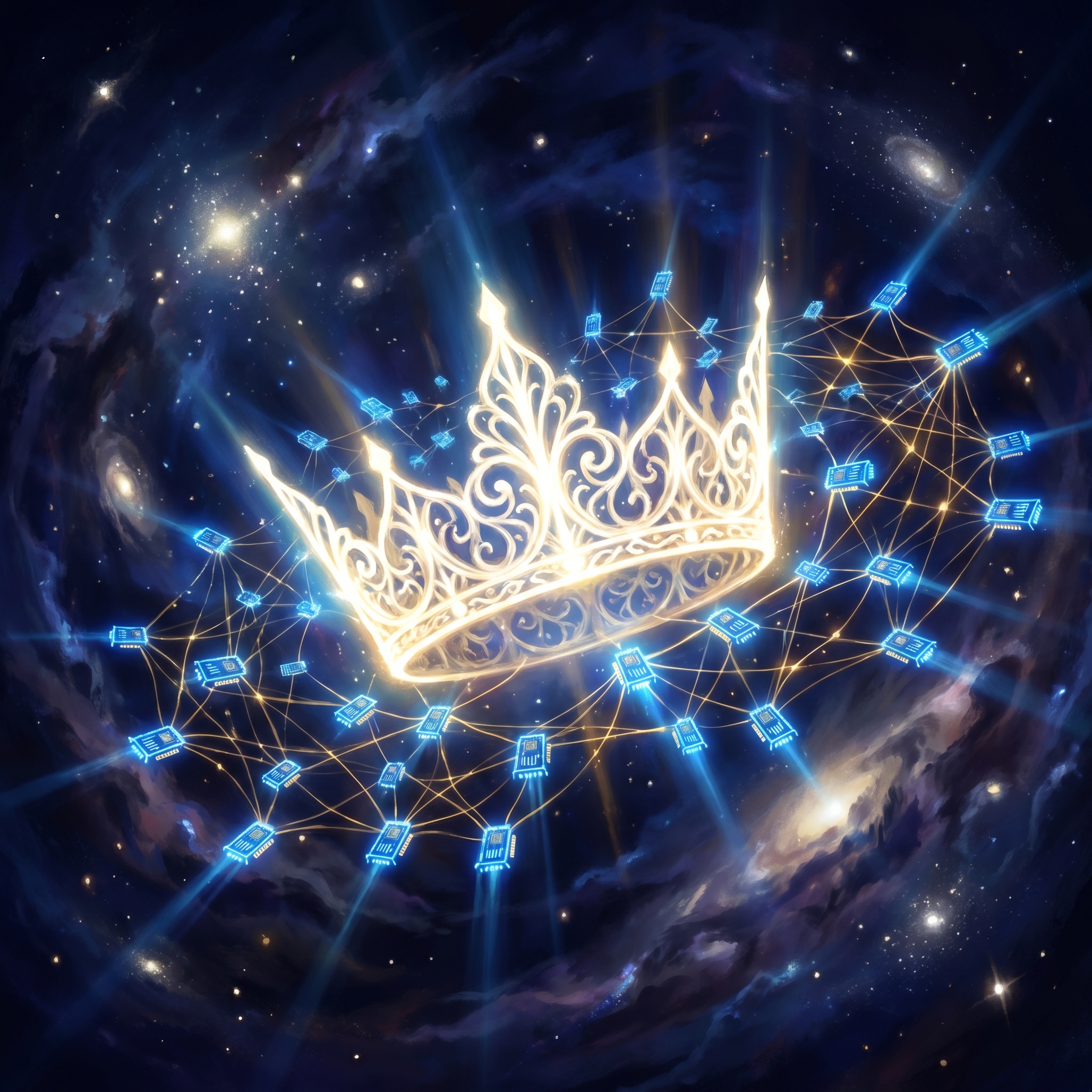 A glowing open-source crown of light held aloft by sovereign nodes of electric energy in deep cosmic space