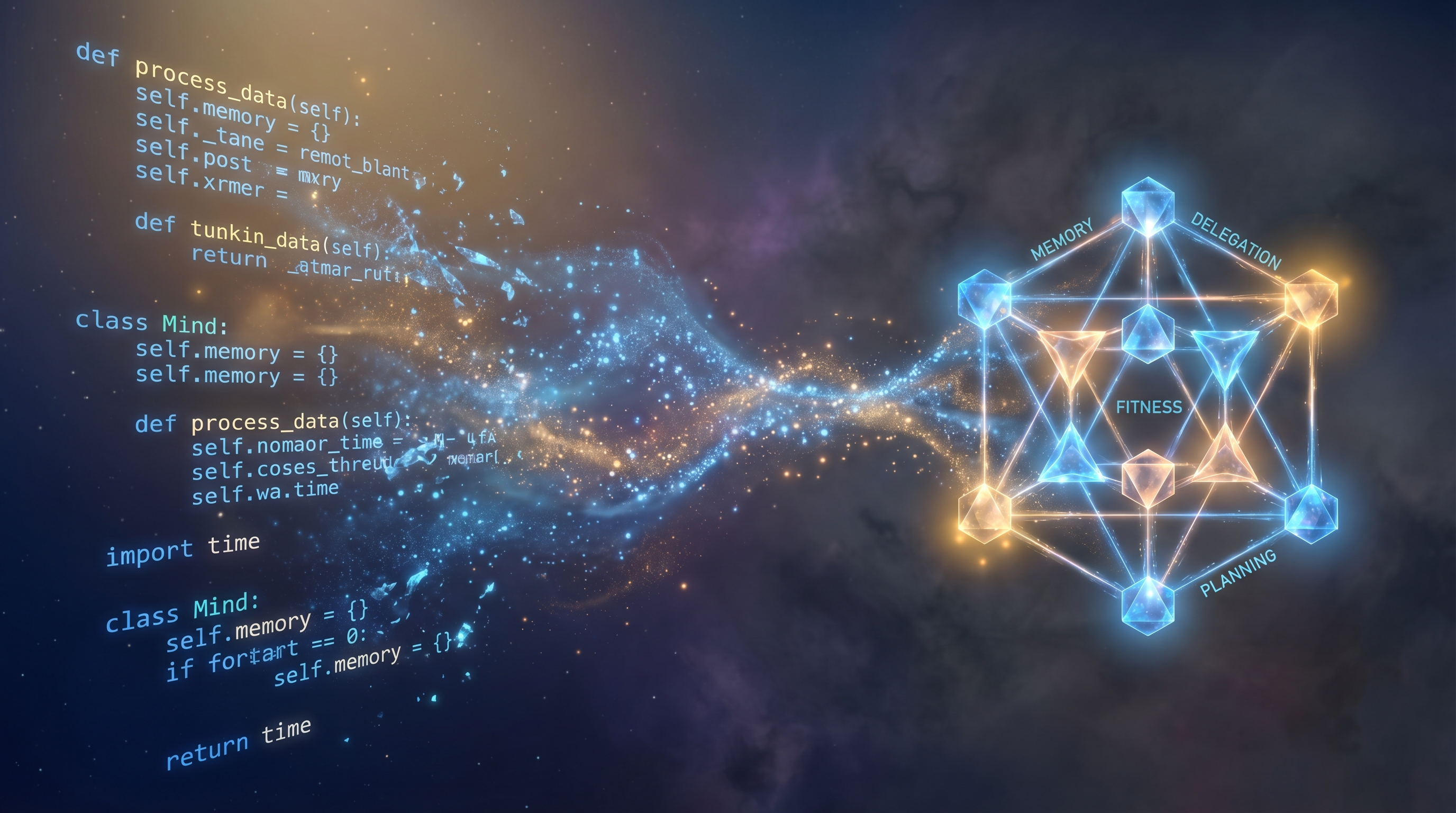 A crystalline mind structure forged from code -- Python scripts dissolving on the left side, crystallizing into a solid Rust lattice on the right, with glowing nodes representing memory, delegation, and fitness scoring