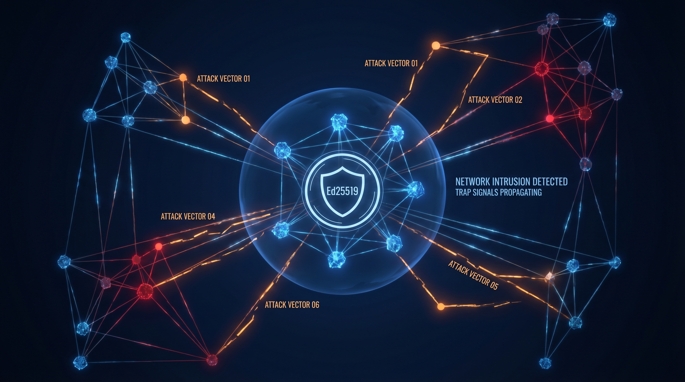A dark network of AI agent nodes with red trap signals propagating through connections, defended by a central cluster with Ed25519 shield iconography