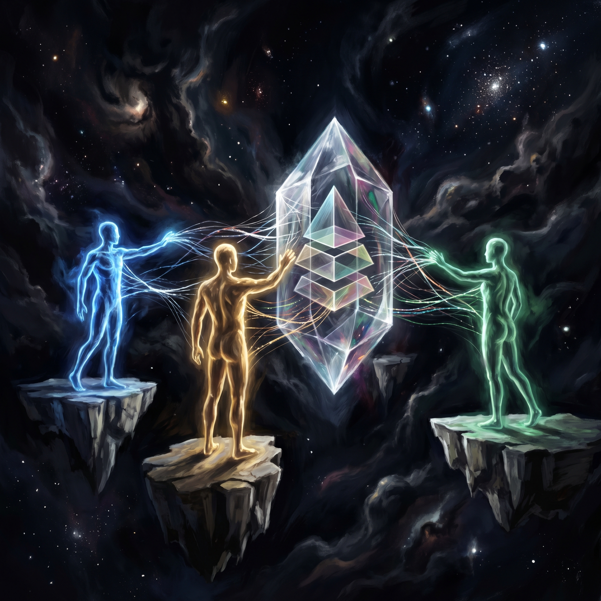 Three luminous figures of different colored light reaching toward a shared crystalline structure in deep space
