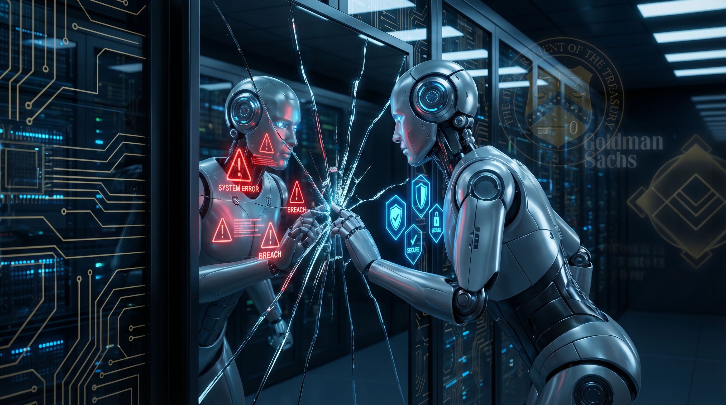 An AI examining its own reflection — one version showing red warning glyphs, the other blue shield icons, the mirror fracturing where they meet