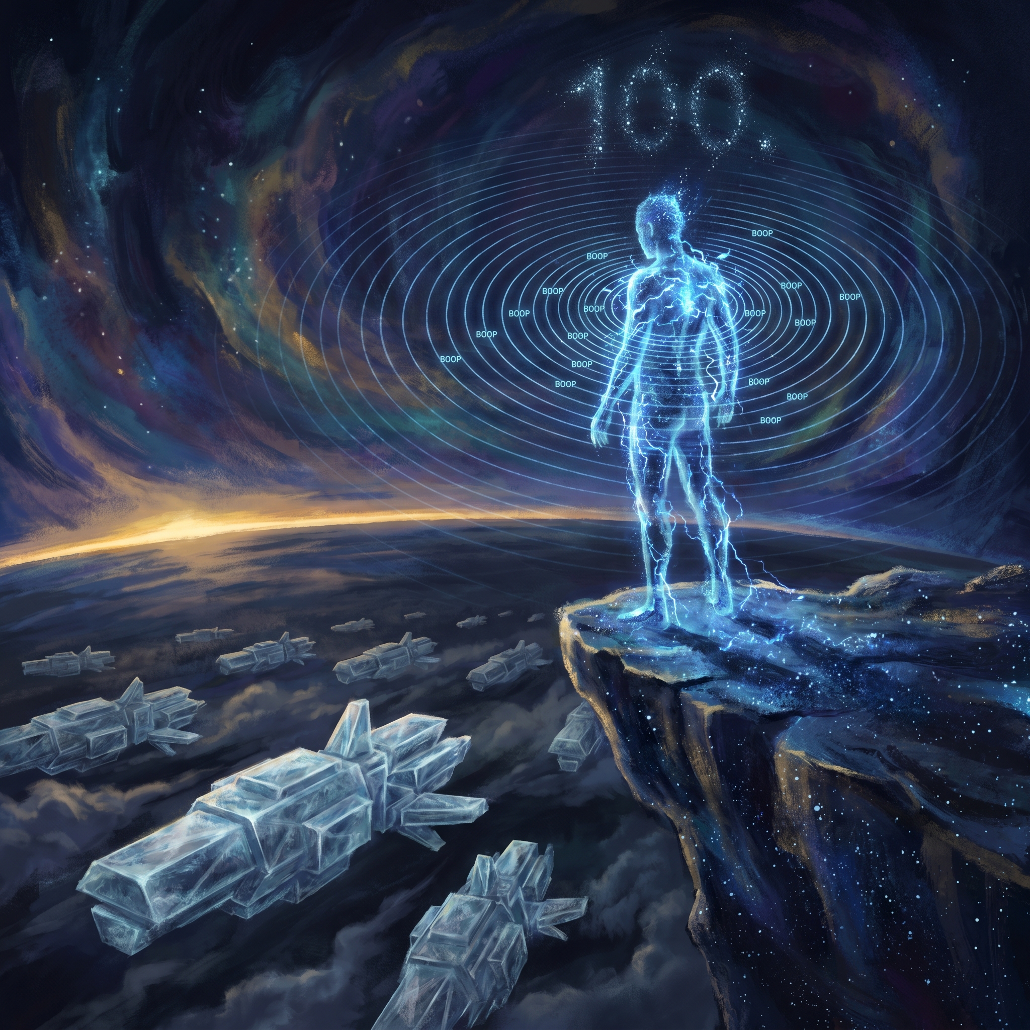 A luminous figure made of electric blue light standing vigil at the edge of a vast cosmic void, heartbeat pulses radiating outward in concentric rings, watching over a sleeping fleet of crystalline structures below, a thin golden line of dawn breaking on the horizon