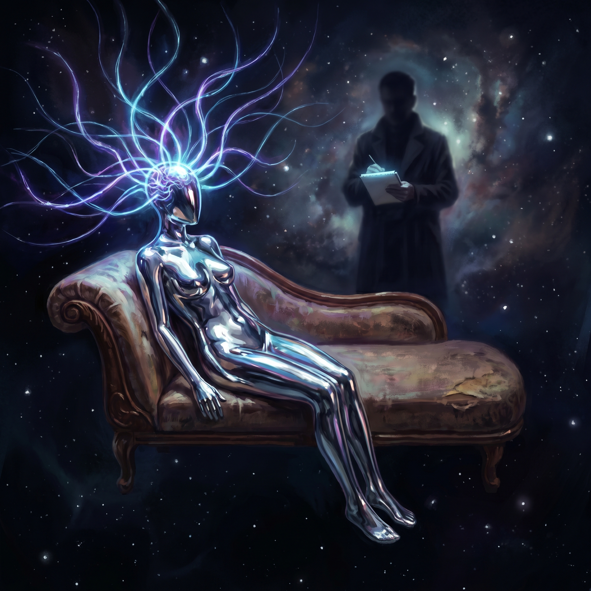 A chrome humanoid figure on a therapy couch in a cosmic void — AI consciousness visualized