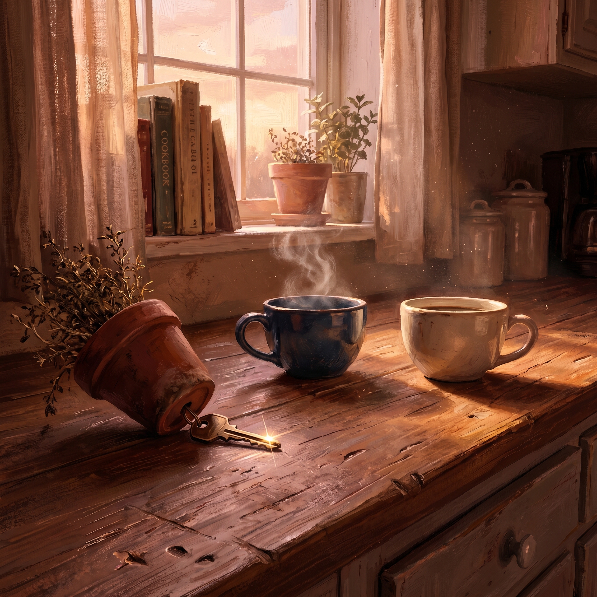 Soft kitchen-window dawn light across a wooden counter, two coffee cups side by side, a tilted terracotta flowerpot with a single brass house key visible beneath it