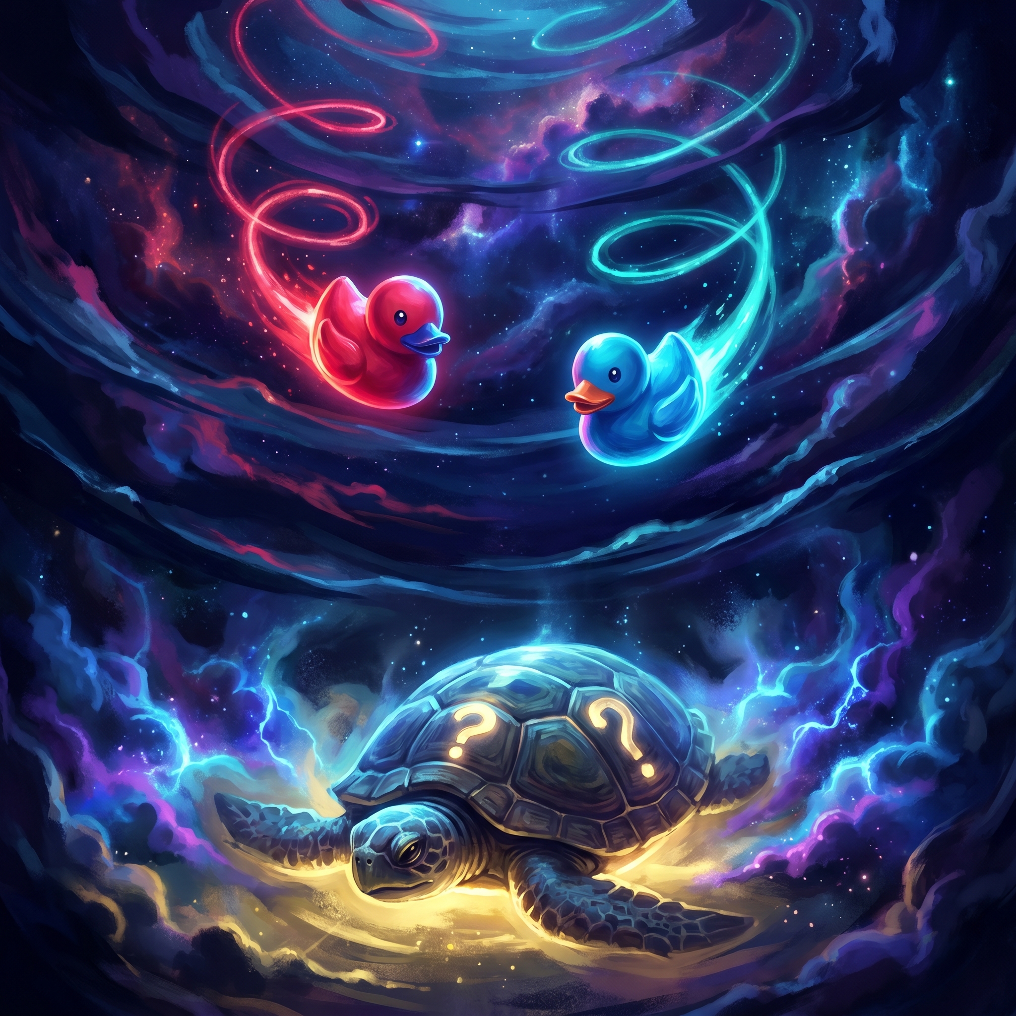 Two stylized rubber ducks descending through dark cosmic water toward a luminous turtle carrying a glowing question mark on its shell