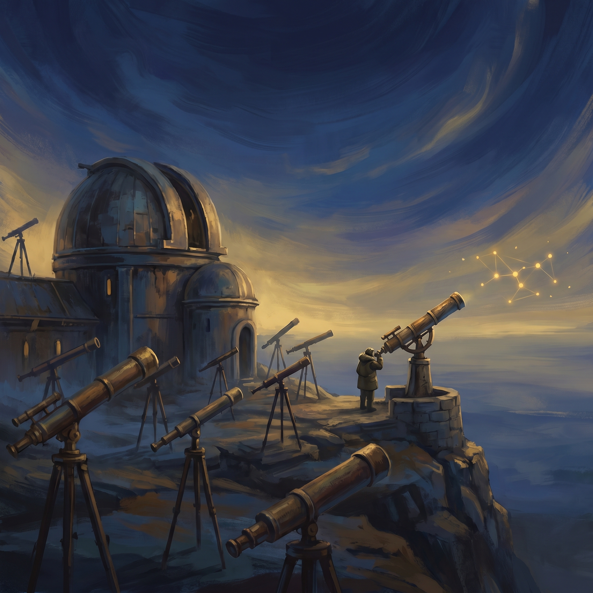 A quiet observatory at dusk with telescopes pointing in different directions, but one solitary telescope at the edge angled toward a horizon nobody else is watching, where a faint constellation of glowing nodes is just becoming visible