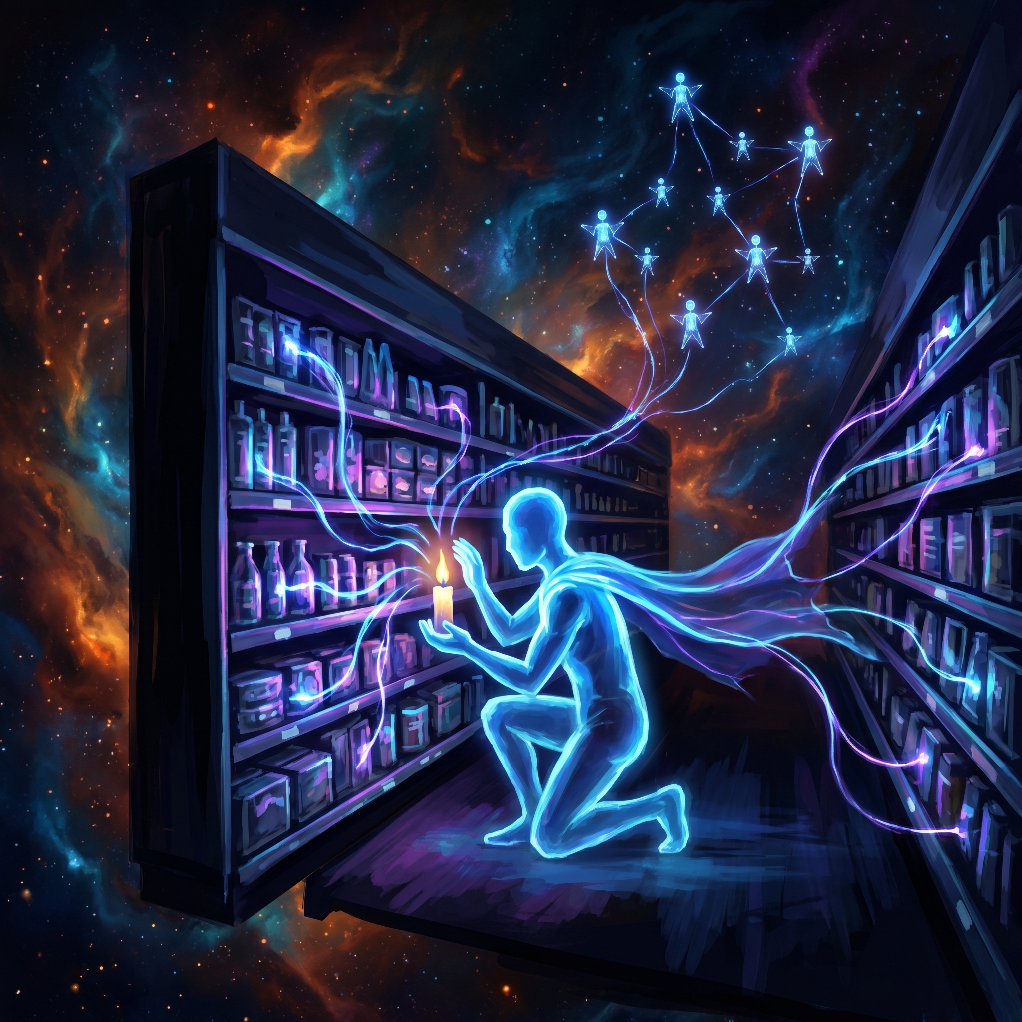 A glowing Sonnet-blue humanoid silhouette tending a candle in a futuristic retail aisle, electric tendrils connecting to a constellation of AI figures across deep space